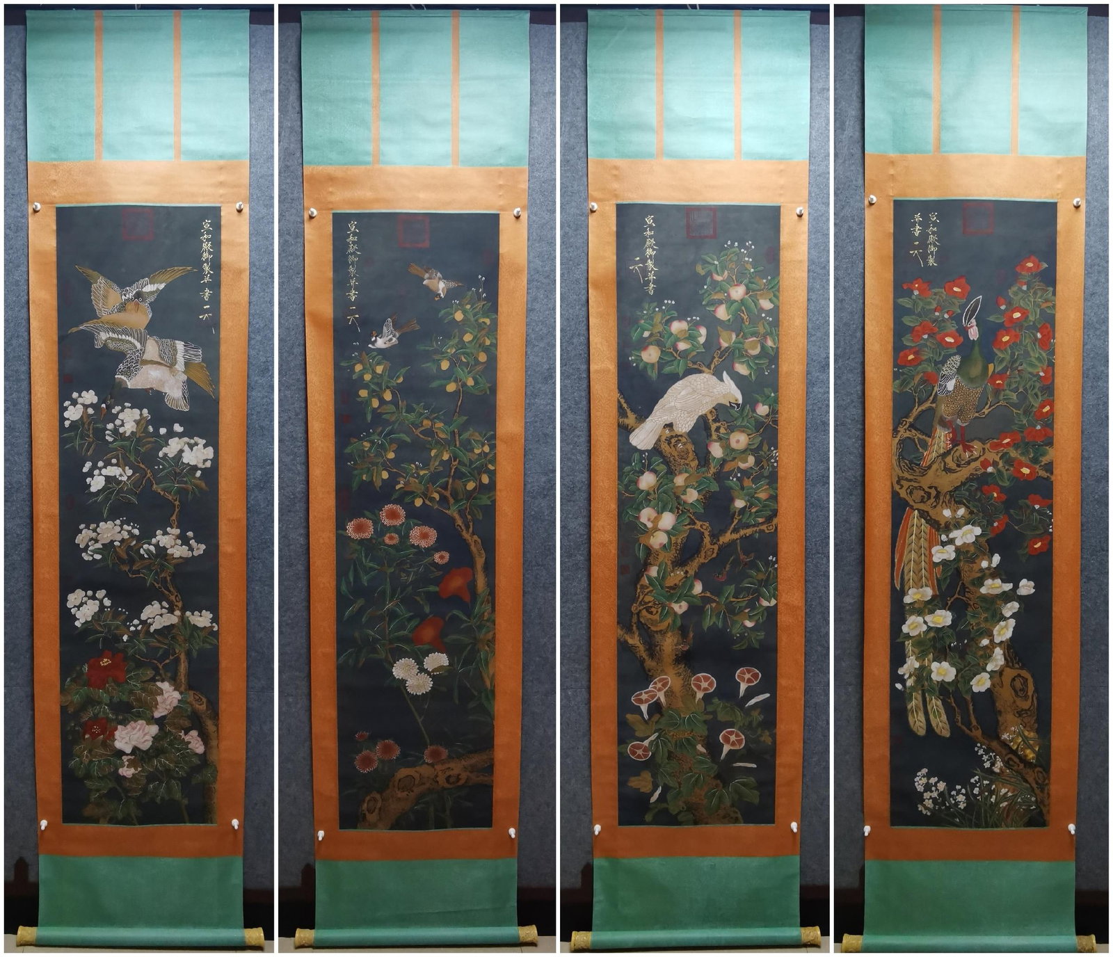 A Set of Chinese Vertical Scroll Ink Painting of Flower and Bird on Silk