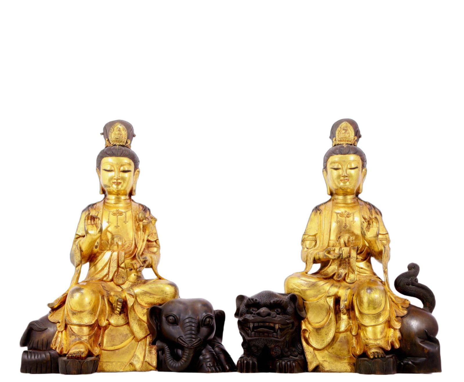 A solemn gilt bronze statues of Manjushri and Samantabhadra