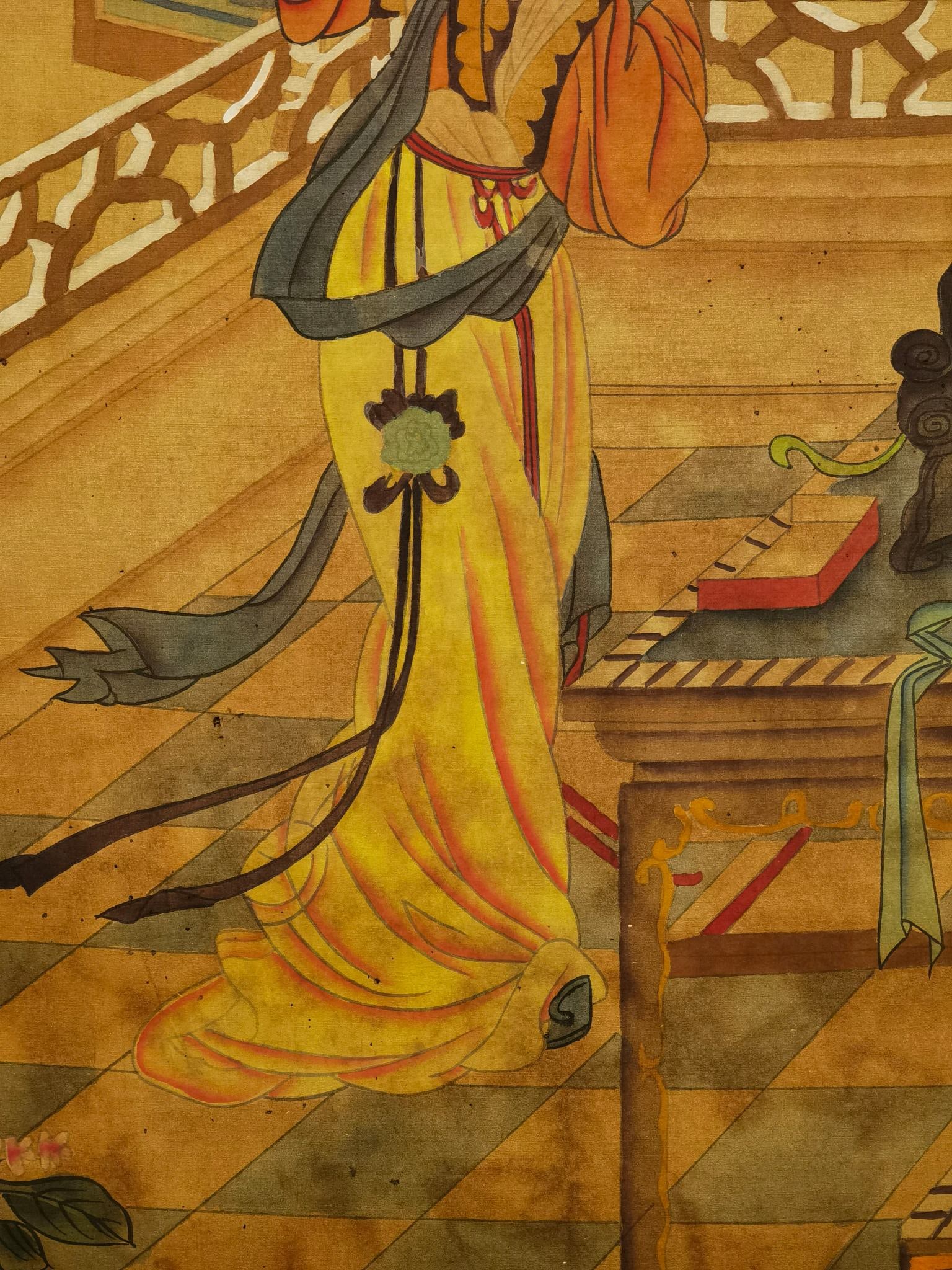 A Chinese Hand Scroll Ink Painting of Character and Story on Silk: A Chinese Hand Scroll Ink Painting of Character and Story on Silk,Chen Mei 一幅中国水墨绢本人物故事画手卷,&