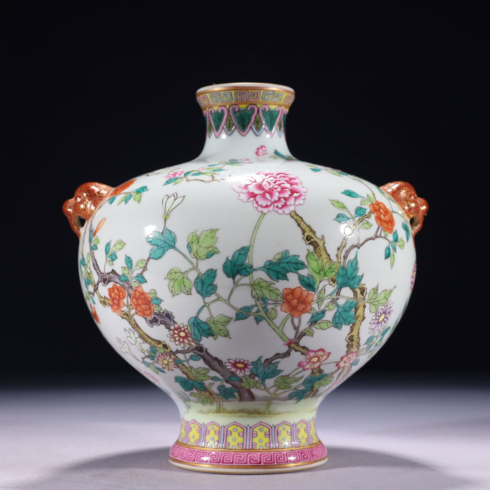 An Exquisite Famille-Rose Painted Gold Flower Pattern Beast-Ears Vase