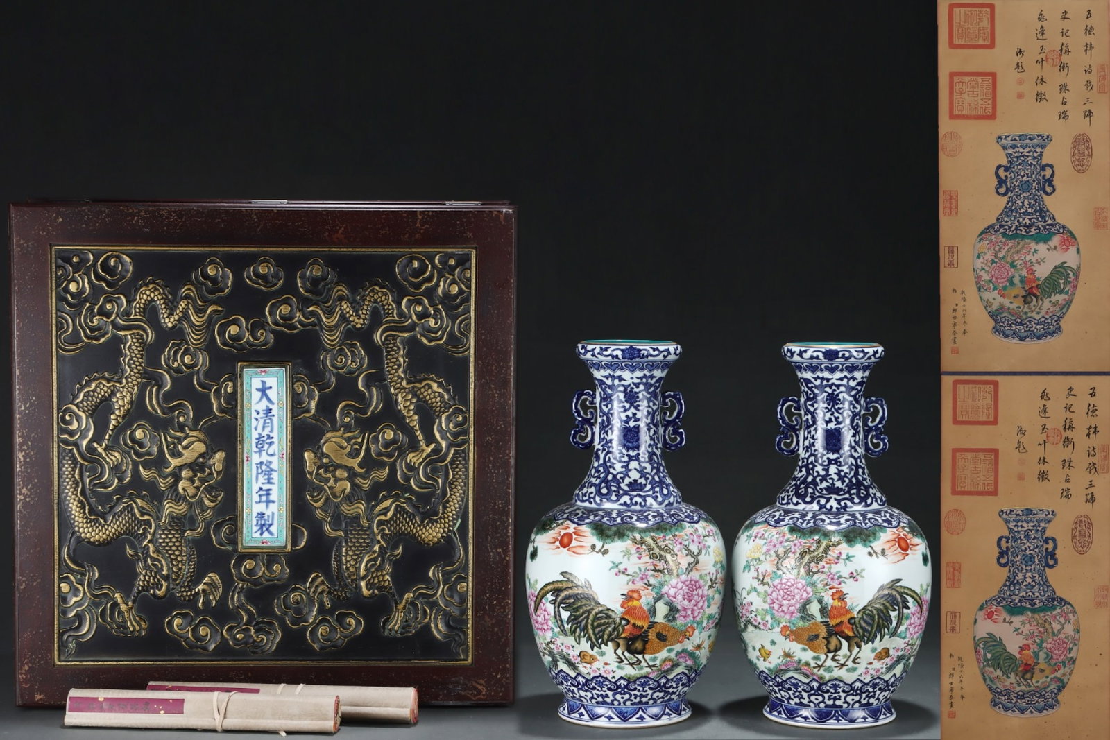 A Pair of Huge Blue and White Famille-Rose Painted Gold Flower and Rooster Pattern Double-Ears: A Pair of Huge Blue and White Famille-Rose Painted Gold Flower and Rooster Pattern Double-Ears Vases,with poem,with Chinese Vertical Scroll Ink Painting on Silk,Qing Dynasty,China,Qianlong