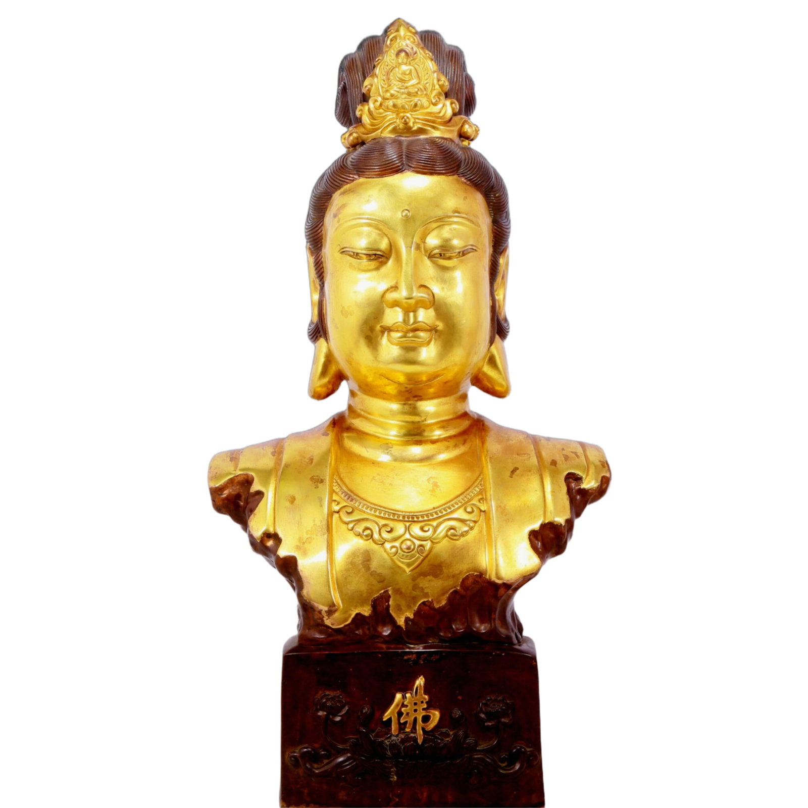 A solemn gilt bronze statue of Guanyin