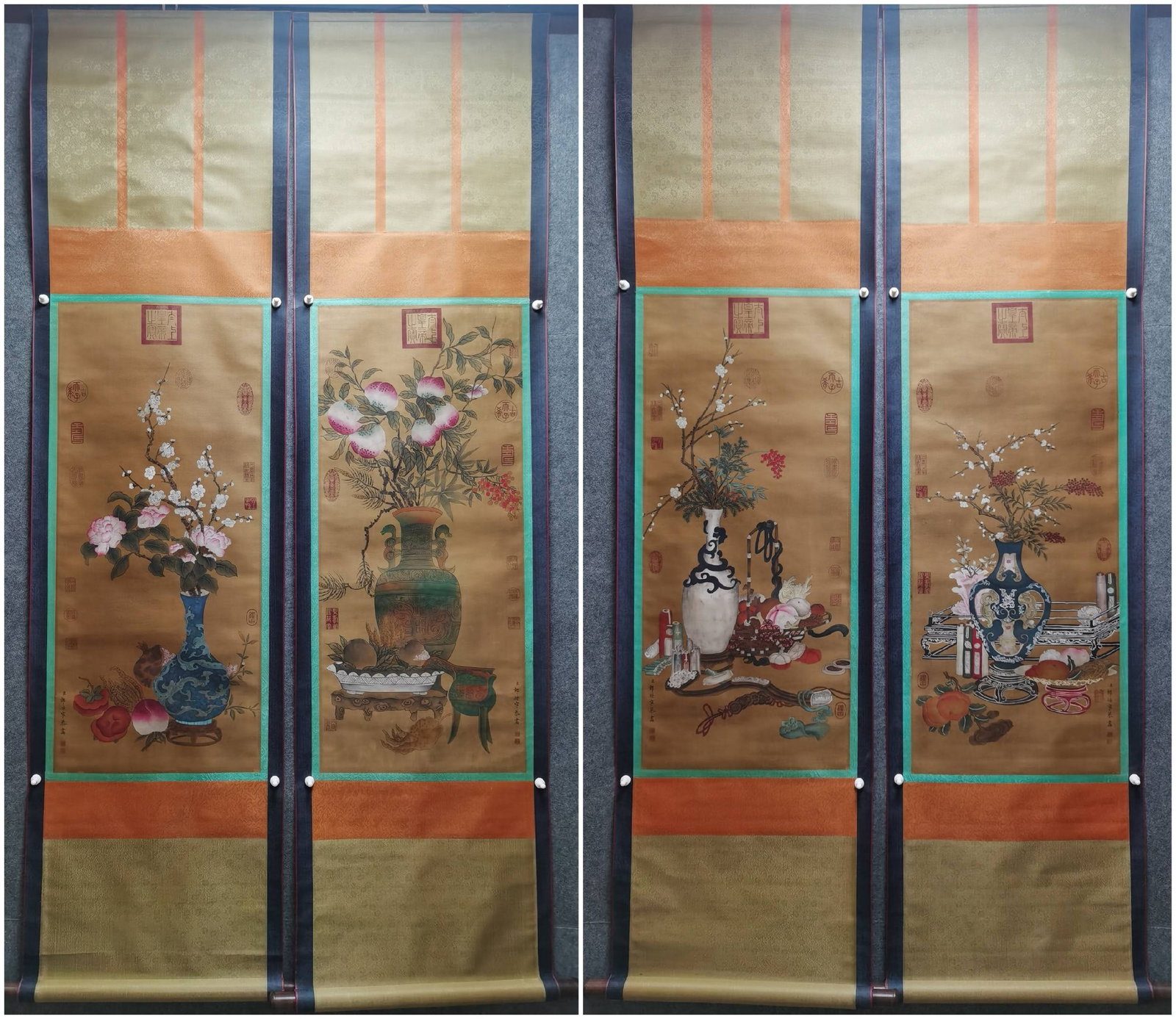 A Set of Chinese Vertical Scroll Ink Painting of Flower on Silk