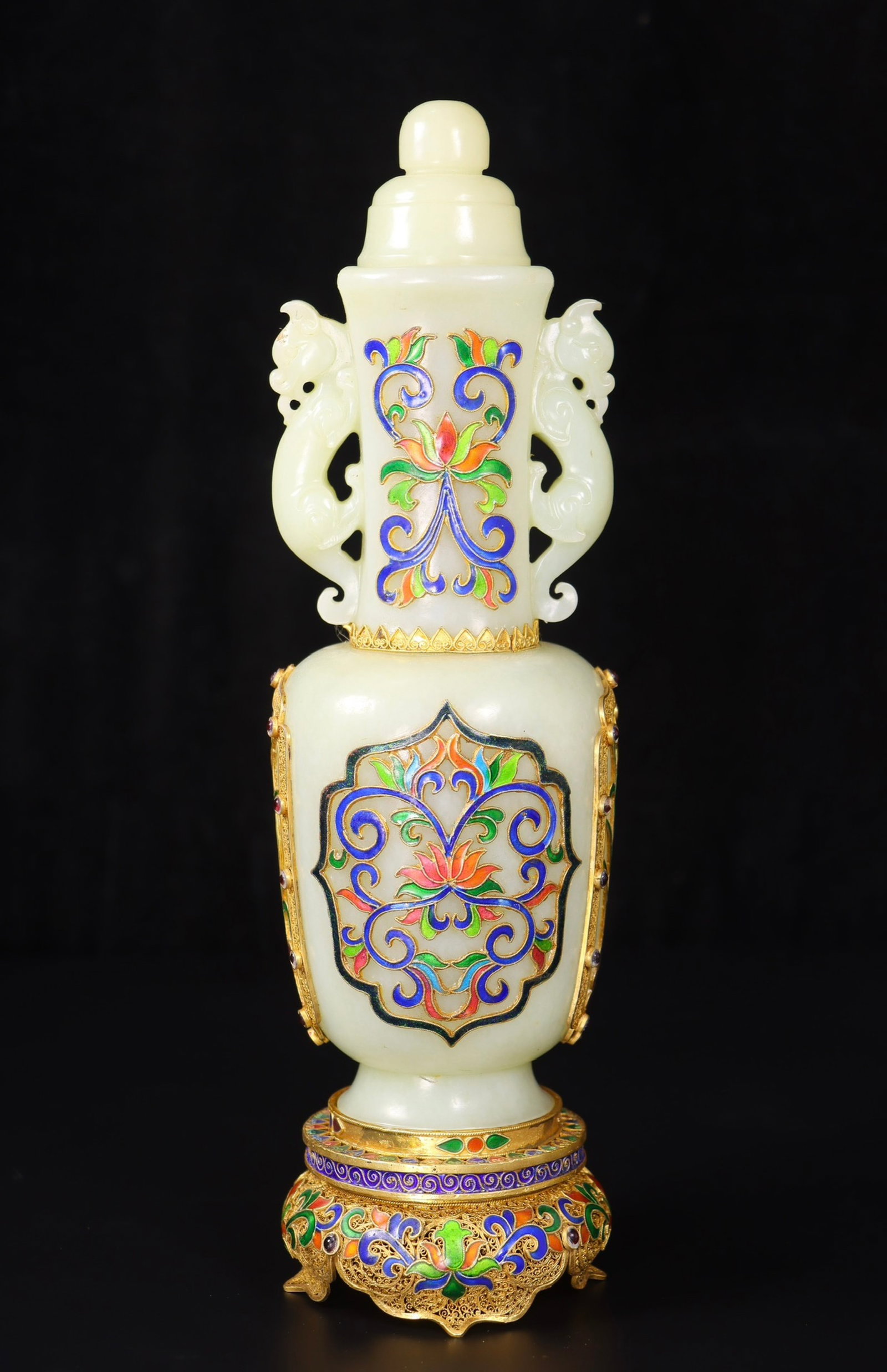 An Exquisite Cloisonne Inlaid White Jade Lotus Pattern Double-Ears Bottle