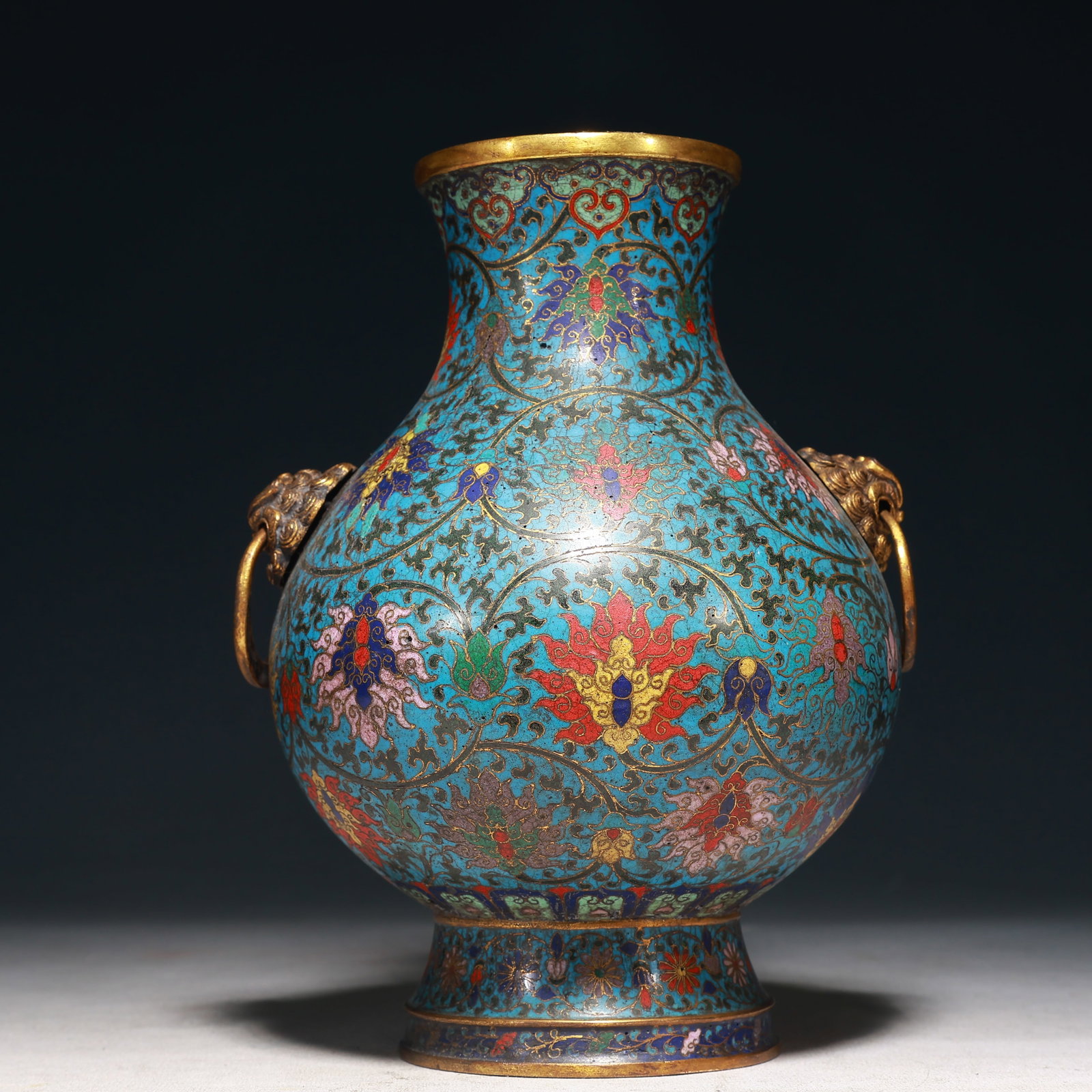 An Exquisite Cloisonne Lotus Pattern Beast-Ears Vase