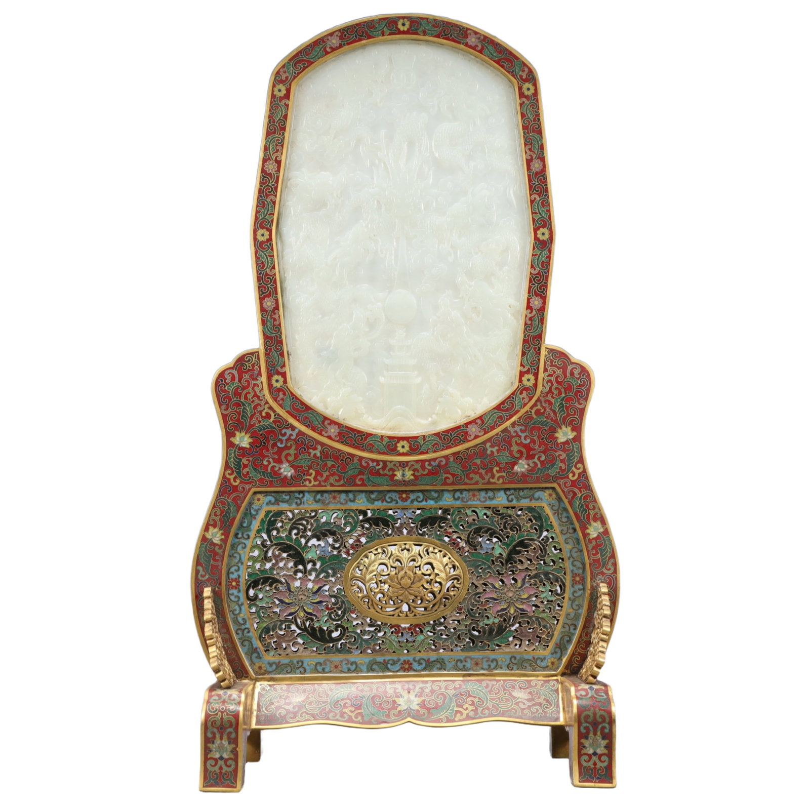 A Rare Cloisonne Inlaid White Jade Dragon Pattern Table Screen,with an Imperial Poem by Emperor: A Rare Cloisonne Inlaid White Jade Dragon Pattern Table Screen,with an Imperial Poem by Emperor Qianlong,Qing Dynasty, China,Size:11.8inx8.3inx23.8in,Weight:6050g 景泰蓝嵌į