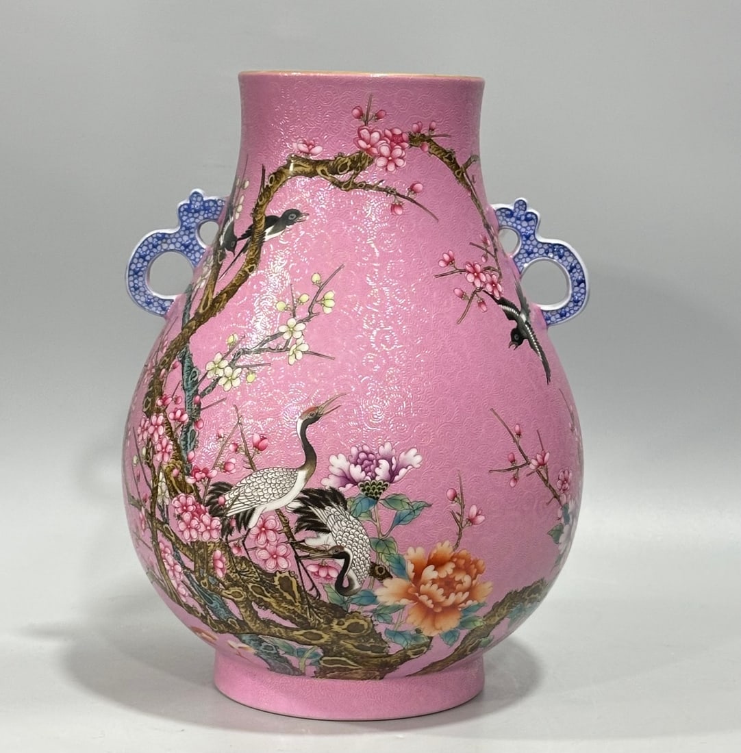 A Rare Enamel Ruby Red-Glazed Flower and Crane Pattern Double-Ears Vase,with poem