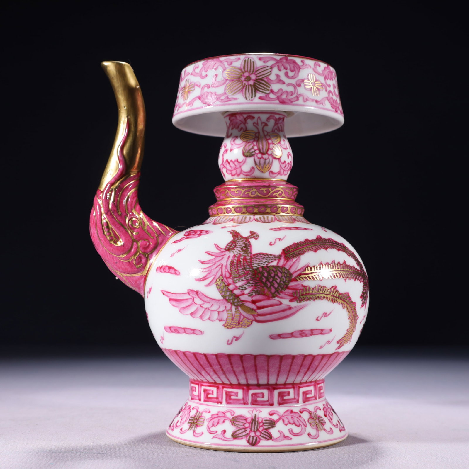 An Exquisite Ruby Red-Glazed Painted Gold Auspicious Cloud and Phoenix Pattern Pot: An Exquisite Ruby Red-Glazed Painted Gold Auspicious Cloud and Phoenix Pattern Pot,Qing Dynasty,China,Qianlong Six-character Mark,Size:5.5inx7.9in,Weight:950g 胭脂红描金&