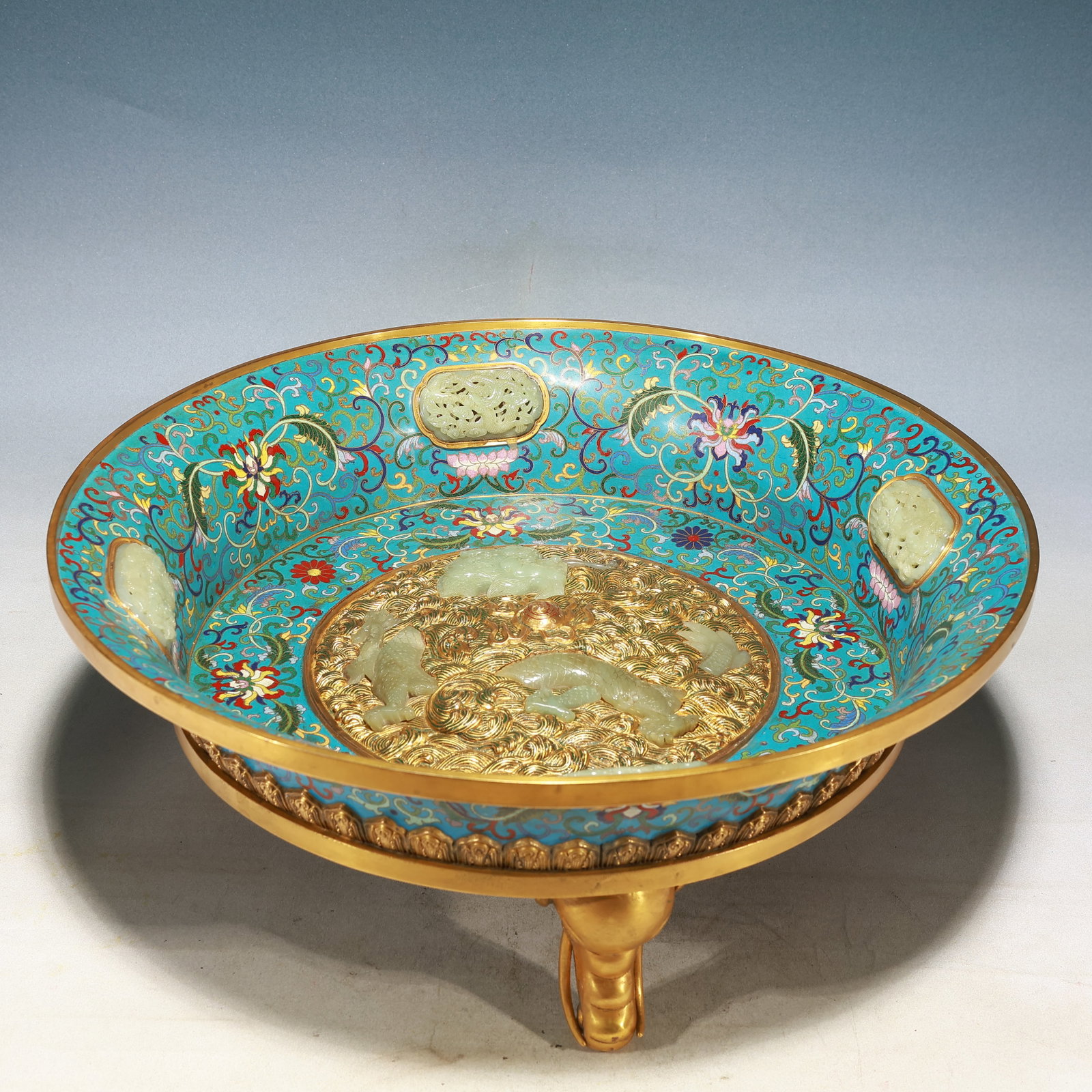 A Huge Cloisonne Inlaid White Jade Lotus Seawater and Dragon Pattern Elephant Legs Basin: A Huge Cloisonne Inlaid White Jade Lotus Seawater and Dragon Pattern Elephant Legs Basin,Qing Dynasty, China,Size:18.9inx7.5in,Weight:7700g