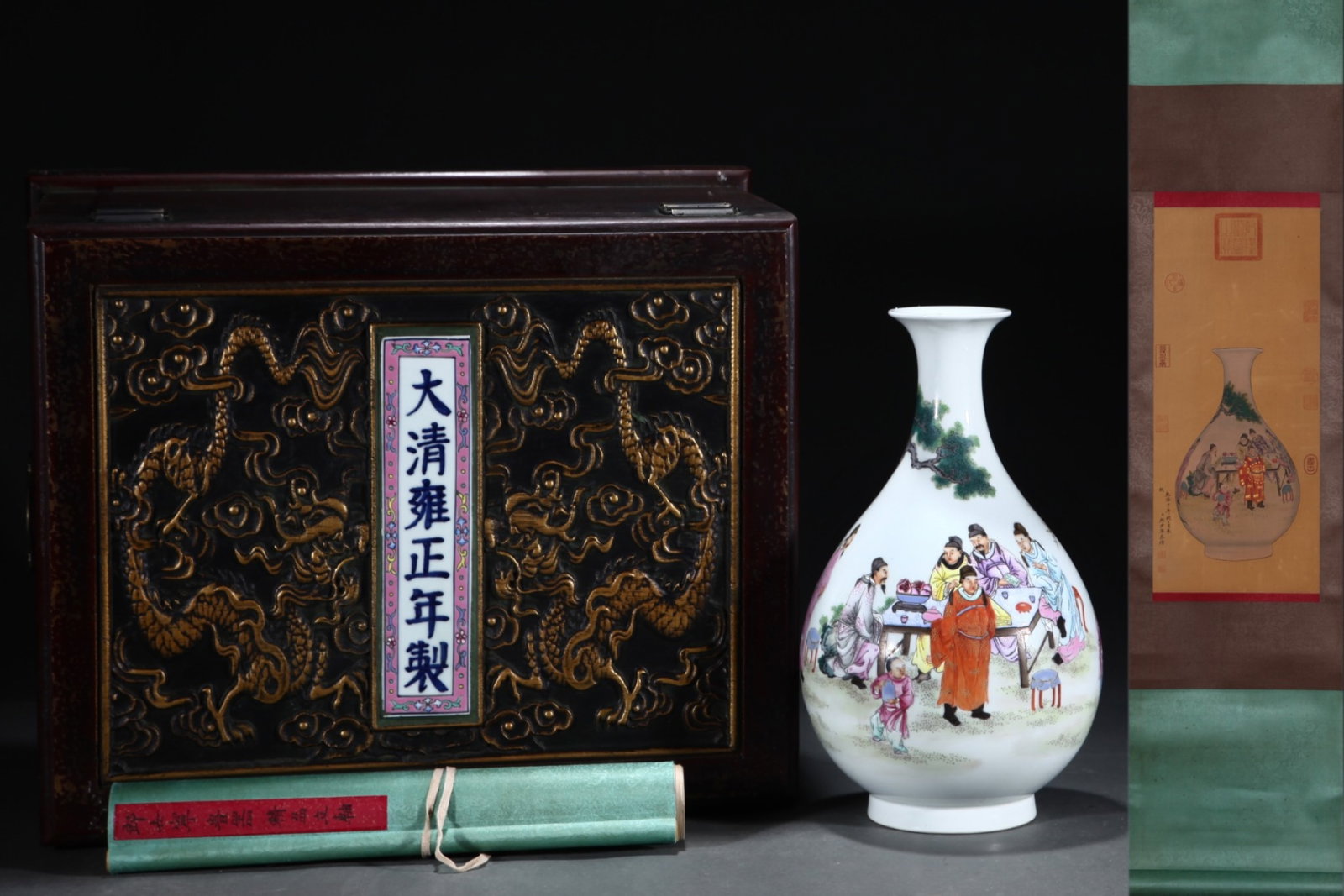 A Rare Famille-Rose Character and Story Pattern Vase,with Chinese Vertical Scroll Ink Painting on: A Rare Famille-Rose Character and Story Pattern Vase,with Chinese Vertical Scroll Ink Painting on Silk,Qing Dynasty,China,Yongzheng Six-character Mark,Size:(Silk)24.4inx10.6in,(Porcelain)13.6inx7.9in
