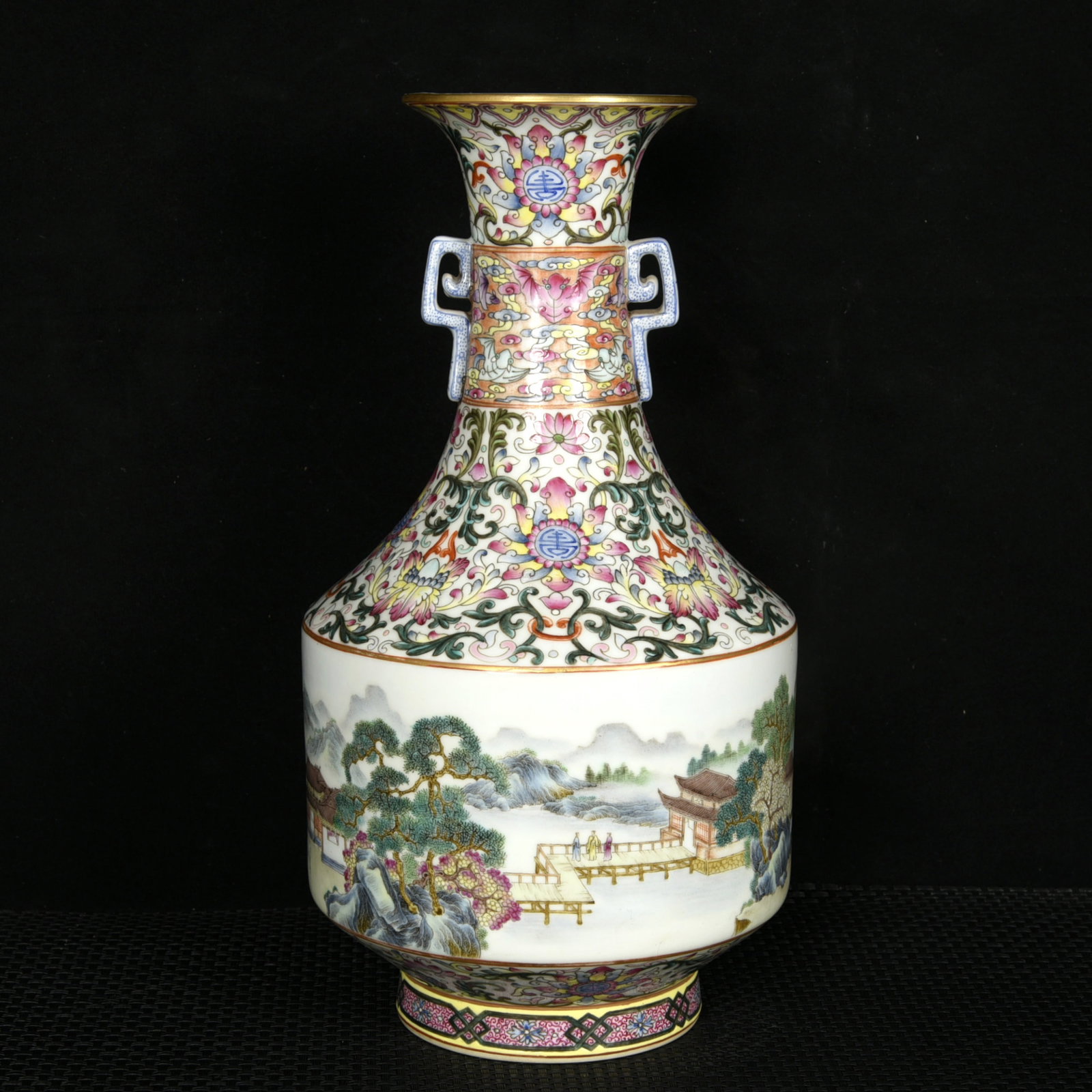 An Exquisite Enamel Painted Gold Landscape and Figure Pattern Double-Ears Vase: An Exquisite Enamel Painted Gold Landscape and Figure Pattern Double-Ears Vase,Qing Dynasty,China,Qianlong Six-character Mark,Size:11.2inx6.3in 珐琅彩描金山水