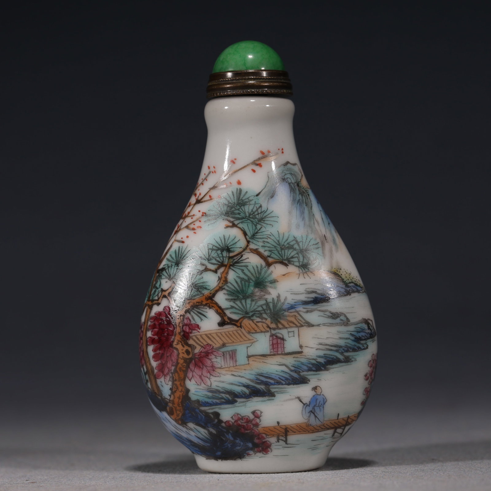 An Exquisite Famille-Rose Landscape with Walking Stick Figure Pattern Snuff Bottle