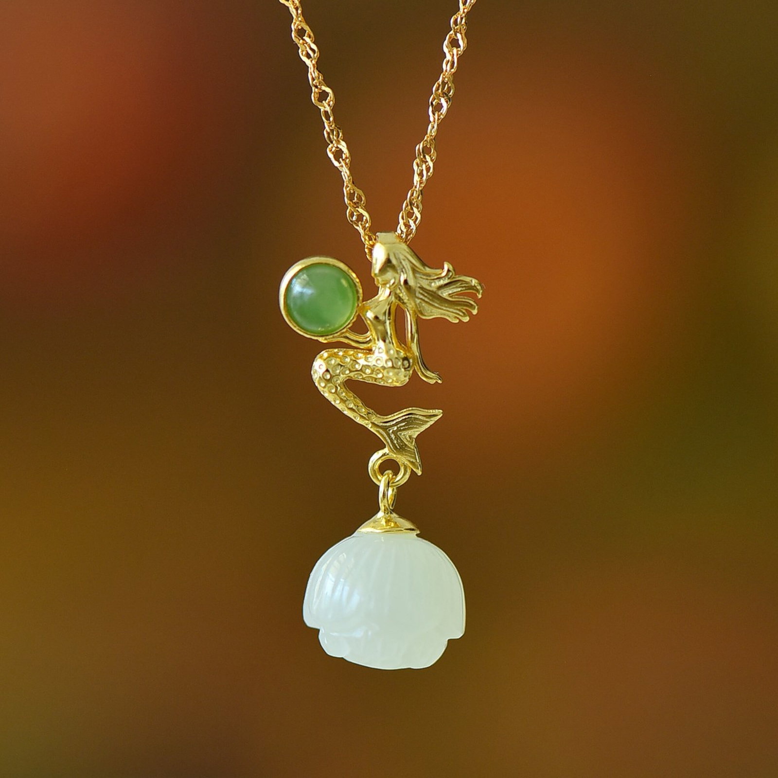 An Exquisite Sterling Silver-Gold Plated Inlaid White Jade Pendant,Inlaid Jasper