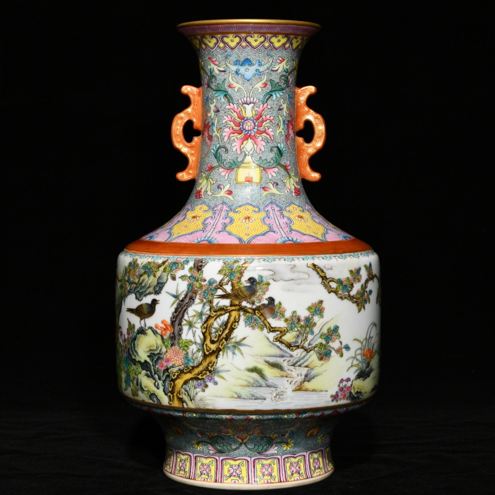 A Rare Famille-Rose Painted Gold Flower and Bird Pattern Double-Ears Vase,with poem