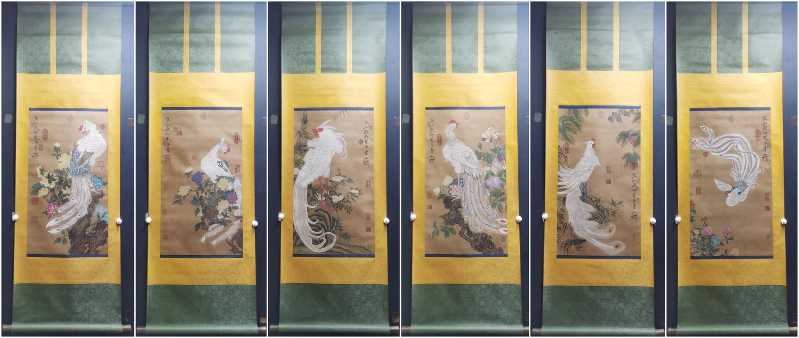 A Set of Chinese Vertical Scroll Ink Painting of Flower and Bird on Silk