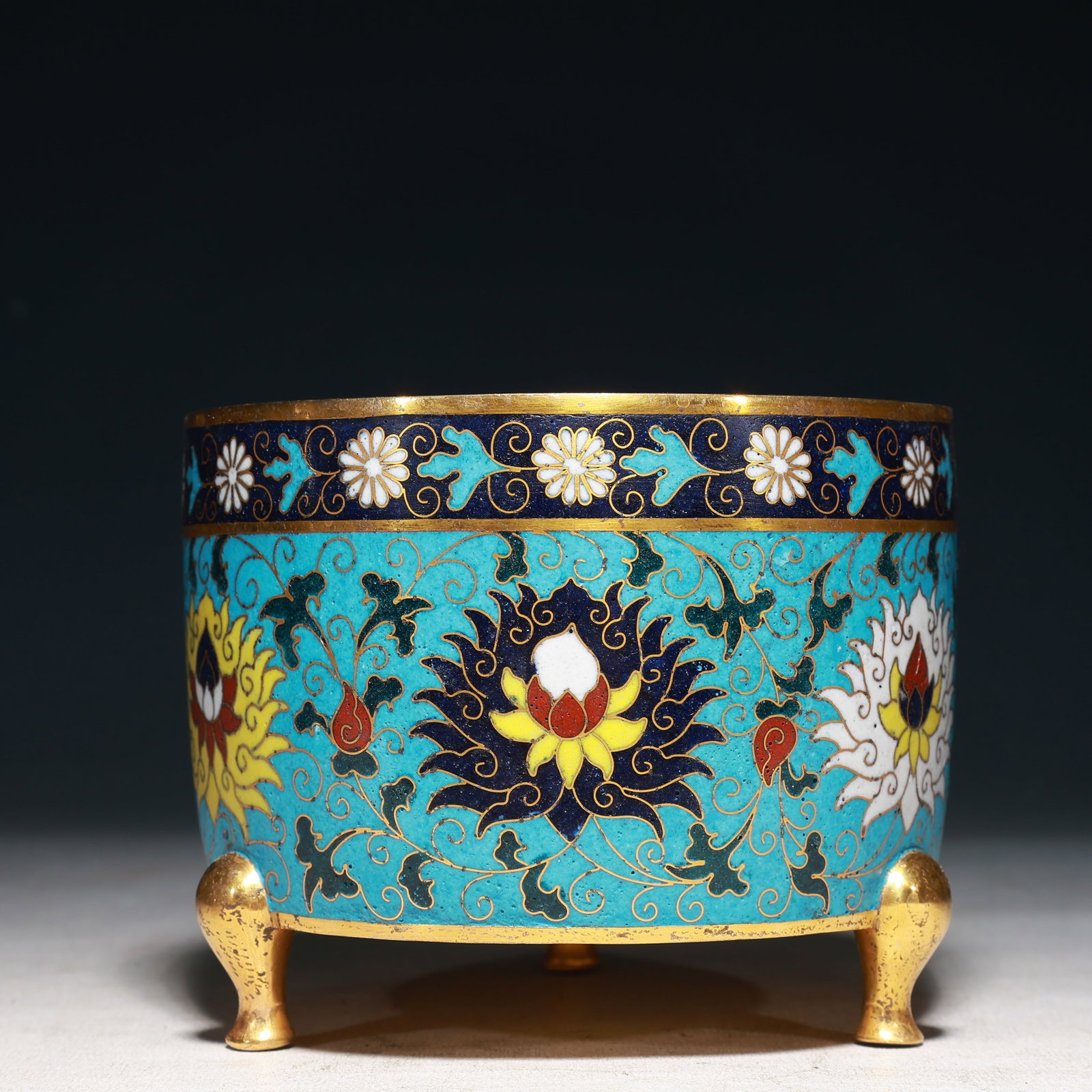 An Exquisite Cloisonne Lotus Pattern Tripod Jar