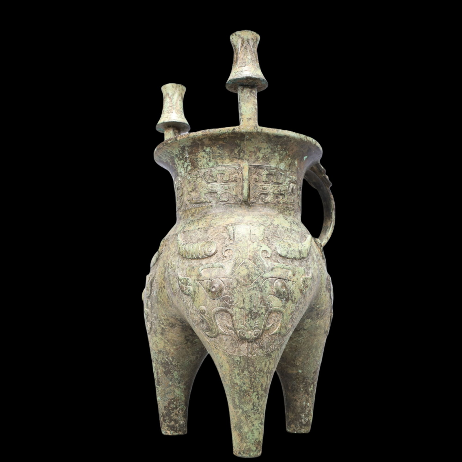 A Precious Bronze Beast-Face Pattern Tripod Goblet,With Inscription
