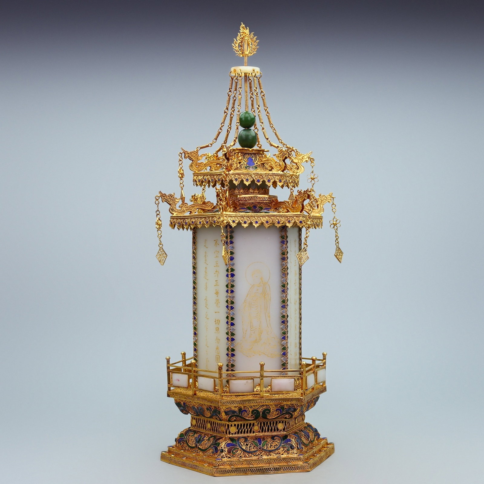 A Huge Filigree and Gilding Inlaid White Jade Buddha Statue Pattern Pagoda,With Scriptures,Inlaid: A Huge Filigree and Gilding Inlaid White Jade Buddha Statue Pattern Pagoda,With Scriptures,Inlaid Gems,Qing Dynasty,China,Size:19.7inx8.3in,Weight:3125g