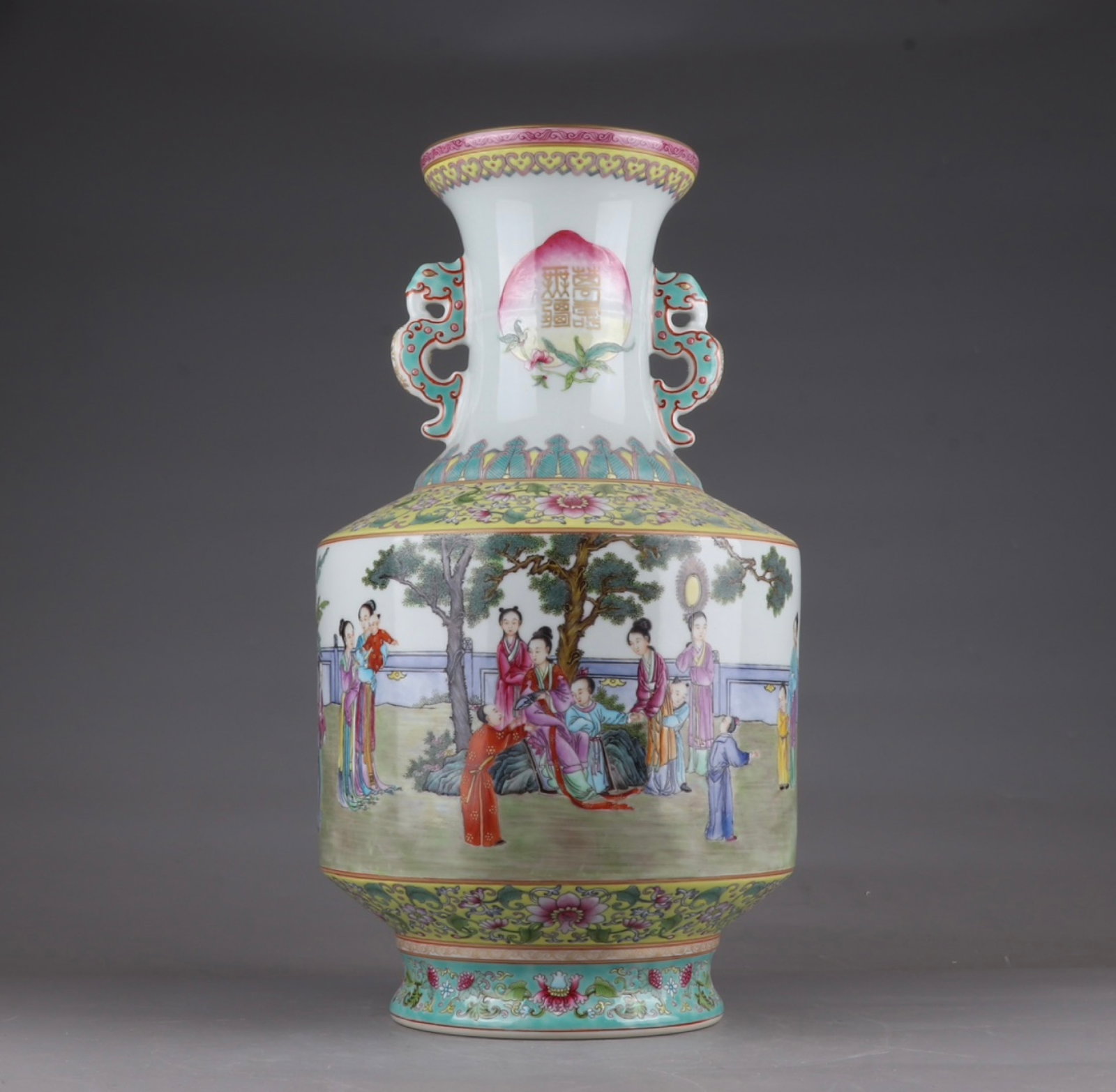 A Huge Famille-Rose Character and Story Pattern Double-Ears Vase: A Huge Famille-Rose Character and Story Pattern Double-Ears Vase,Qing Dynasty,China,Qianlong Six-character Mark,Size:16.5inx9.4in