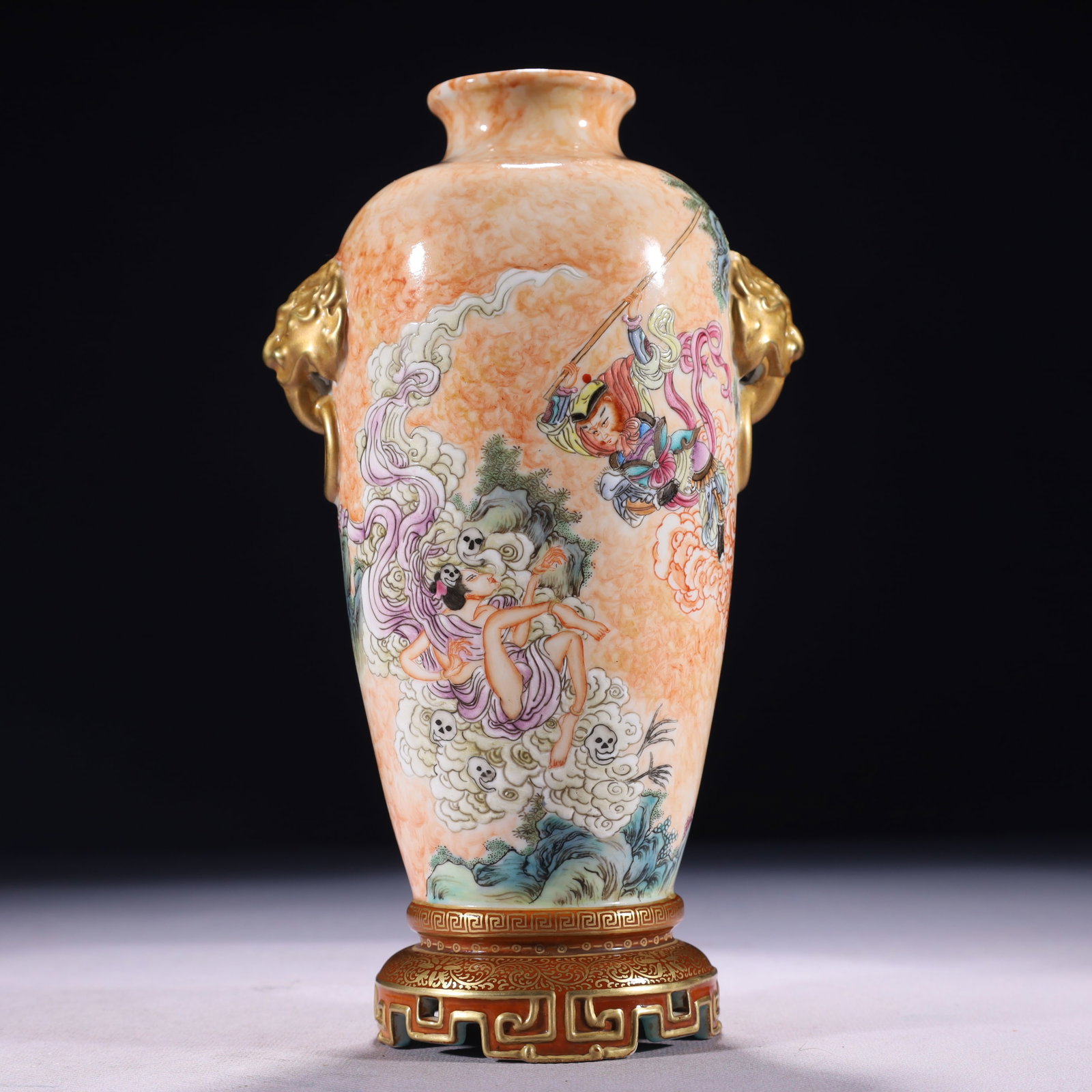An Exquisite Famille-Rose Painted Gold Character and Story Pattern Beast-Ears Vase,with poem: An Exquisite Famille-Rose Painted Gold Character and Story Pattern Beast-Ears Vase,with poem,Qing Dynasty,China,Qianlong Six-character Mark,Size:3.5inx9.1in,Weight:600g