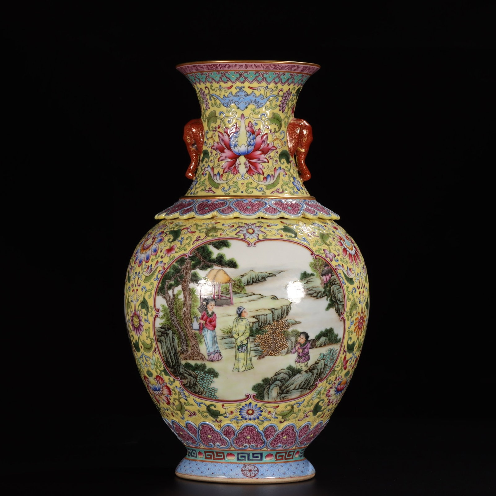 A Rare Yellow Ground Famille-Rose Painted Gold Character and Story Pattern Elephant-Ears Vase: A Rare Yellow Ground Famille-Rose Painted Gold Character and Story Pattern Elephant-Ears Vase,Qing Dynasty,China,Qianlong Six-character Mark,Size:12.4inx4.4in