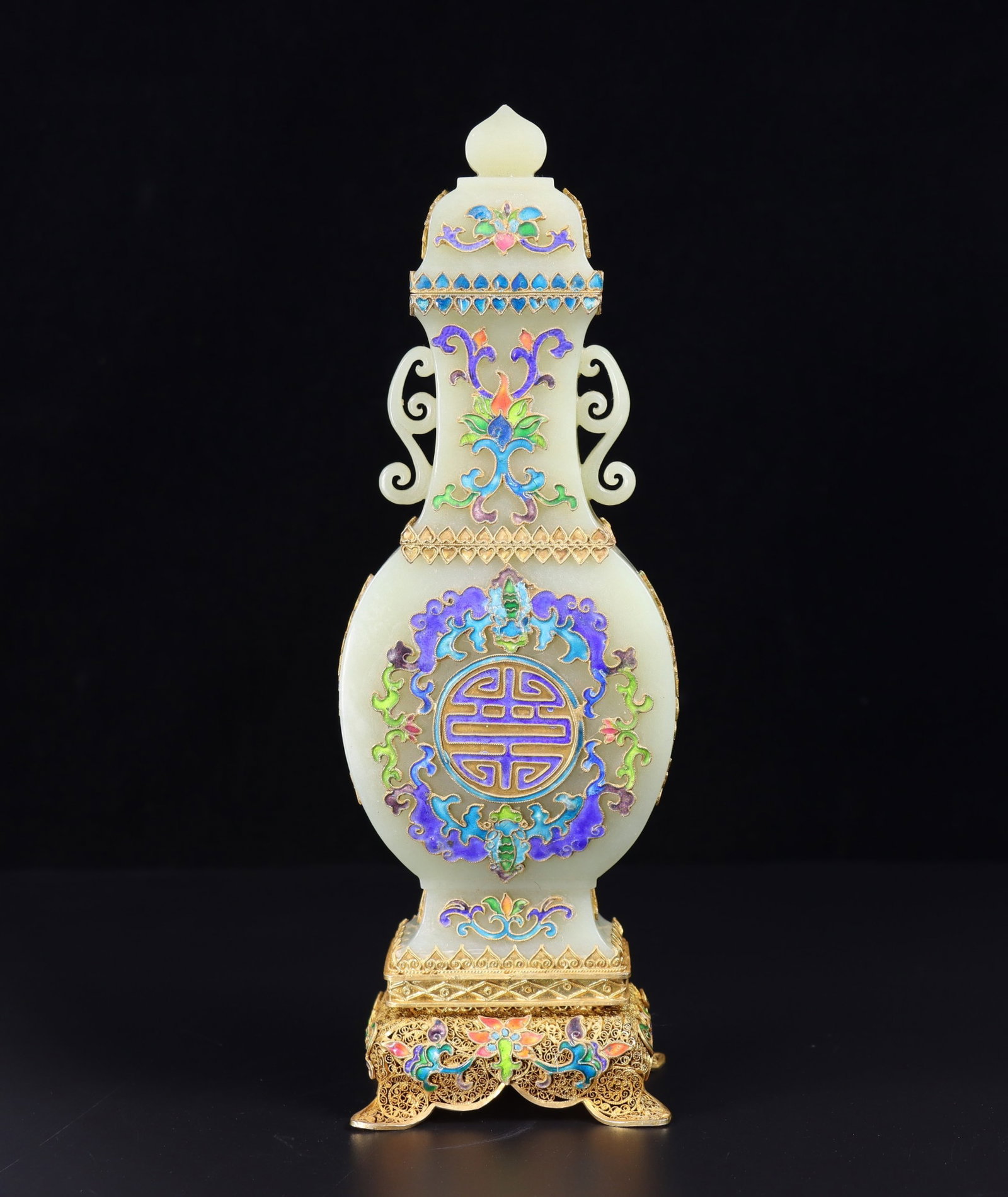 An Exquisite Cloisonne Inlaid White Jade Bats and Peach Pattern Double-Ears Bottle: An Exquisite Cloisonne Inlaid White Jade Bats and Peach Pattern Double-Ears Bottle,Qing Dynasty,China,Size:9.6inx3.1inx2.2in,Weight:559g 掐丝珐琅嵌白玉福