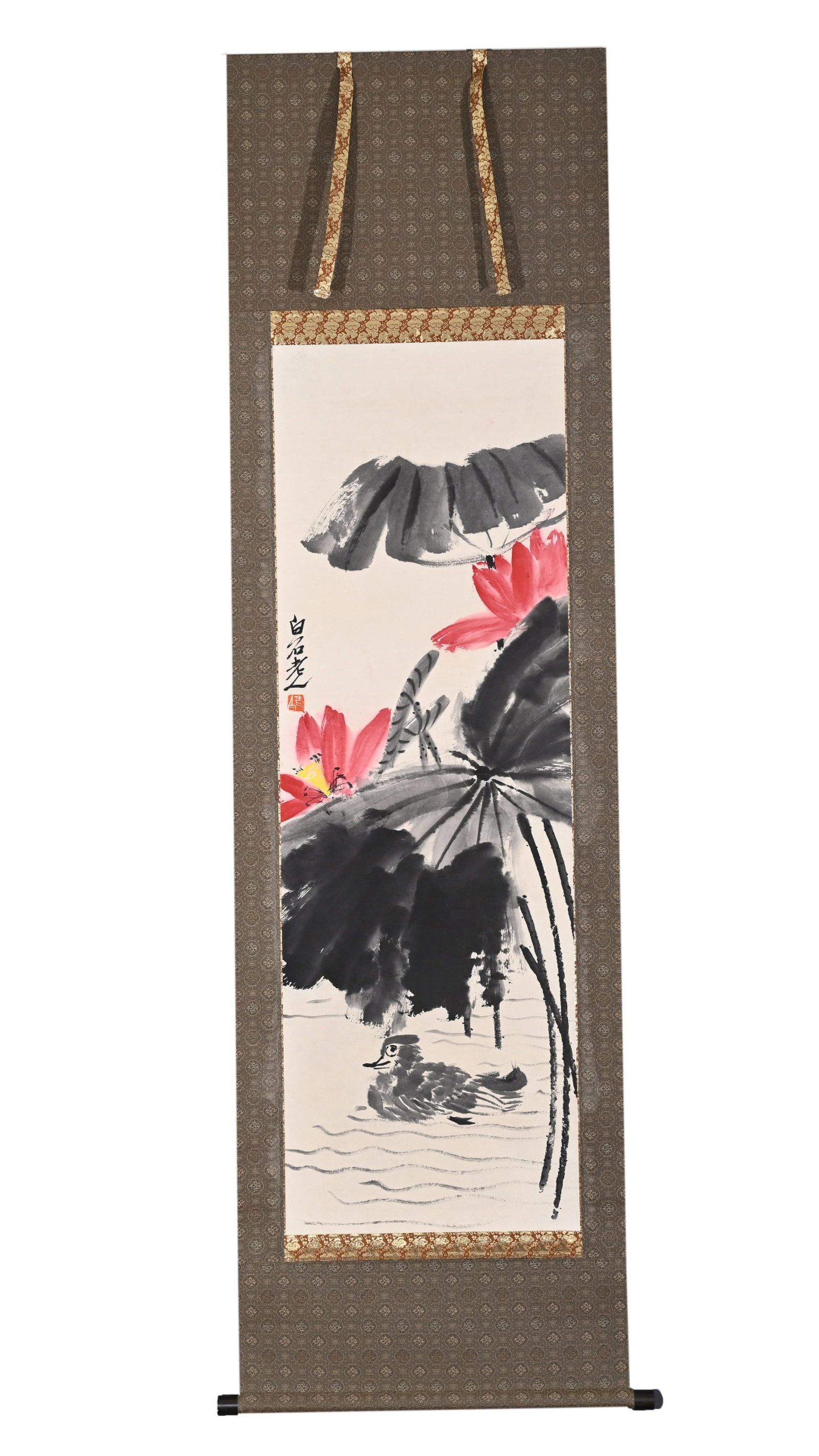 A Chinese Vertical Scroll Ink Painting of Lotus on Paper