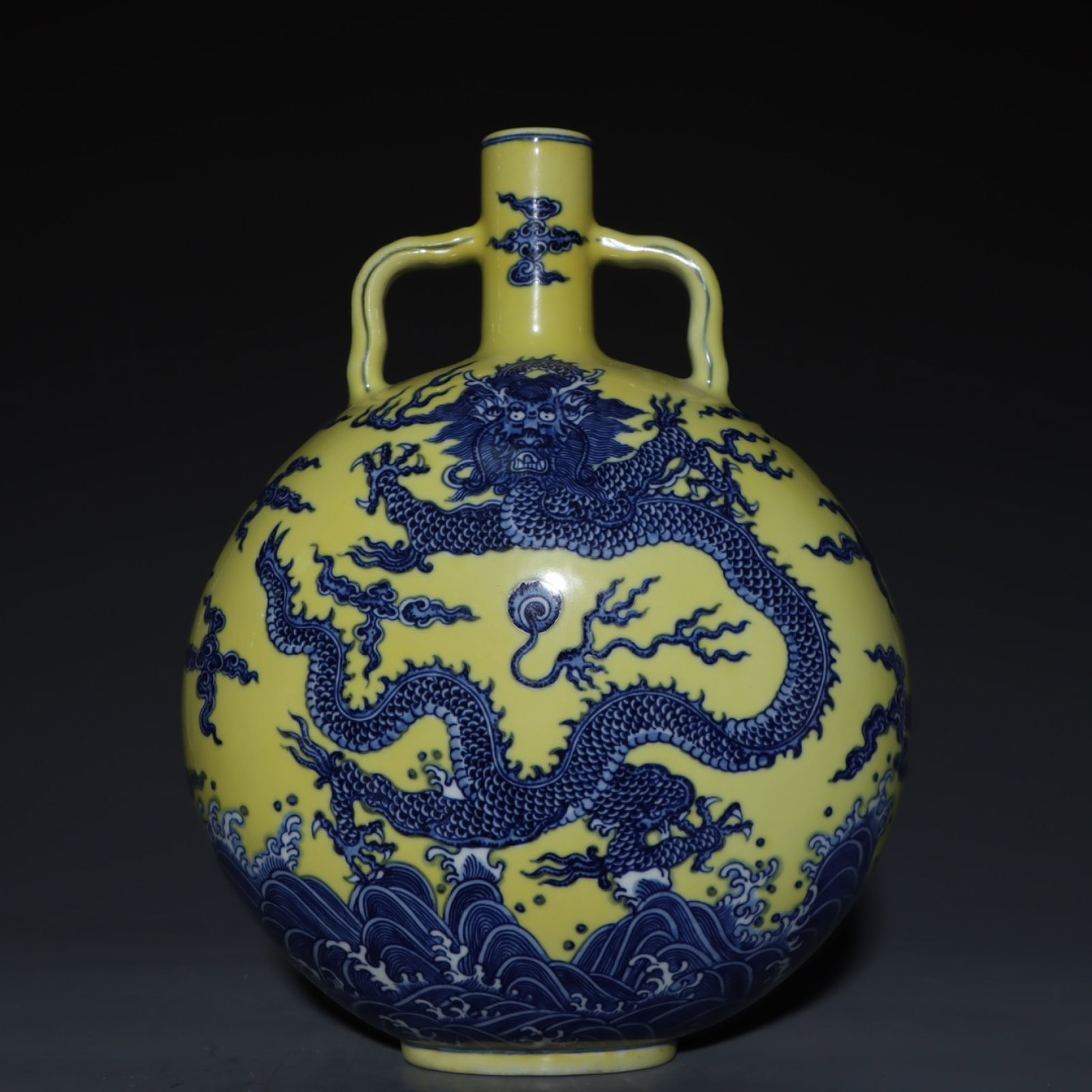 A Rare Yellow Ground Blue and White Auspicious Cloud and Dragon Pattern Double-Ears Vase