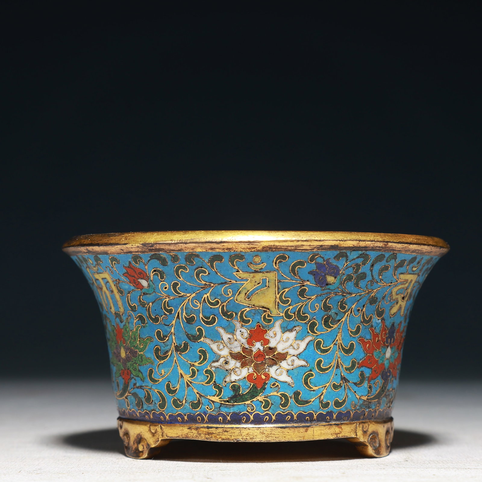 An Exquisite Cloisonne Lotus Pattern Tripod Jar,With Sanskrit