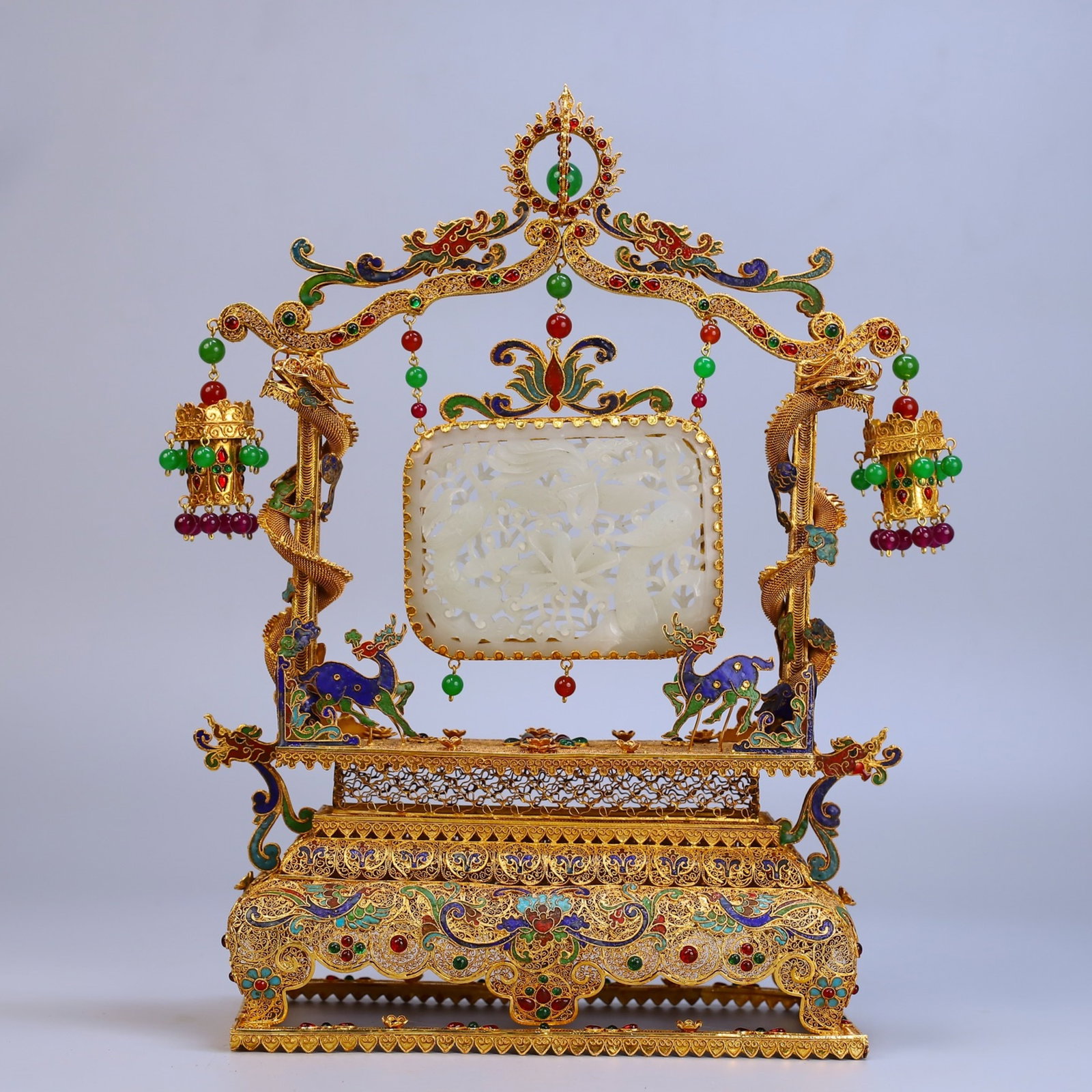A Rare Filigree and Gilding Inlaid White Jade Flower,Bird and Dragon Pattern Ornament,Inlaid Gems: A Rare Filigree and Gilding Inlaid White Jade Flower,Bird and Dragon Pattern Ornament,Inlaid Gems,Qing Dynasty,China,Qianlong Four-character Mark,Size:14.6inx11in,Weight:1180g 花丝鎏