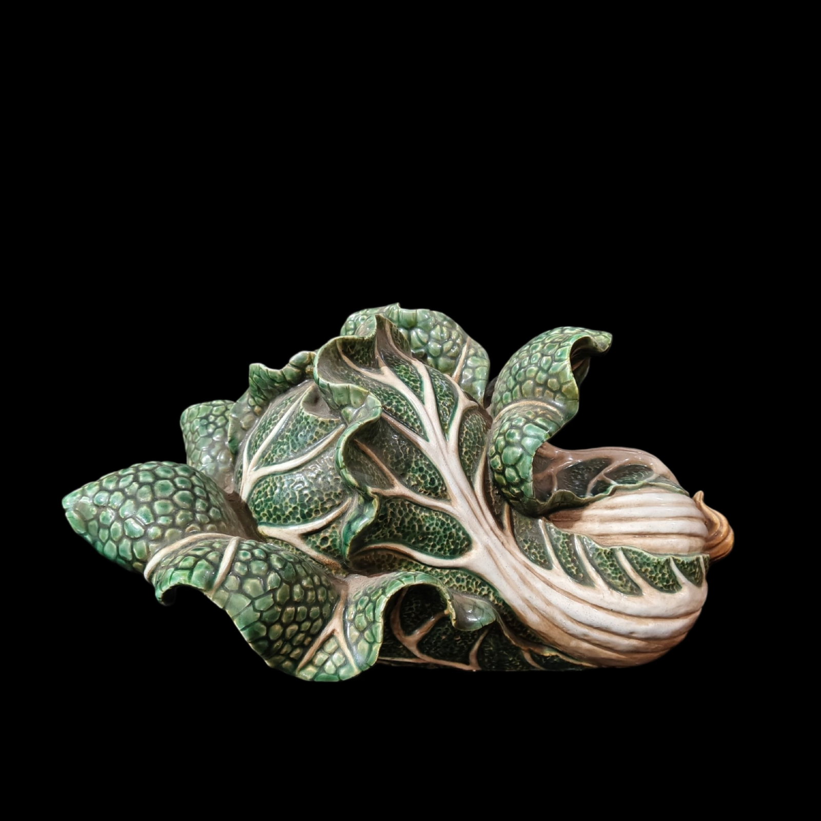 A Huge Shiwan yao Cabbage Ornament: A Huge Shiwan yao Cabbage Ornament,Qing Dynasty,China,With Mark,Size:18.5inx10.2inx9.4in 石湾窑白菜摆件,中国清代,带款