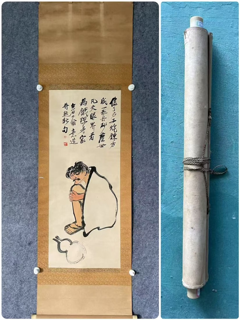 A Chinese Vertical Scroll Ink Painting of Figure on Paper: A Chinese Vertical Scroll Ink Painting of Figure on Paper,Qi Baishi,Size:39inx15.7in 一幅中国水墨人物画立轴,齐白石