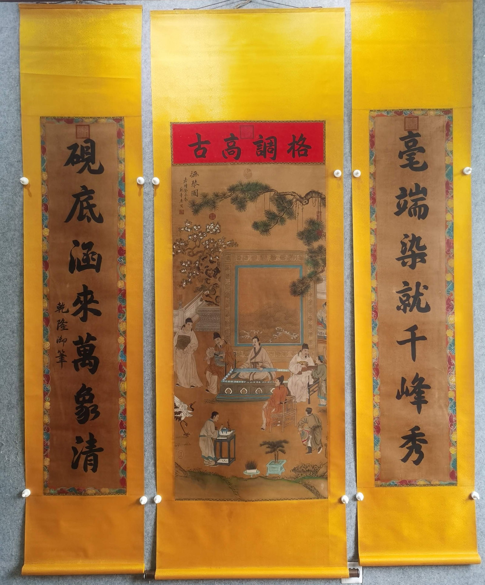 A Set of Chinese Vertical Scroll Ink Painting of Character and Story on Silk