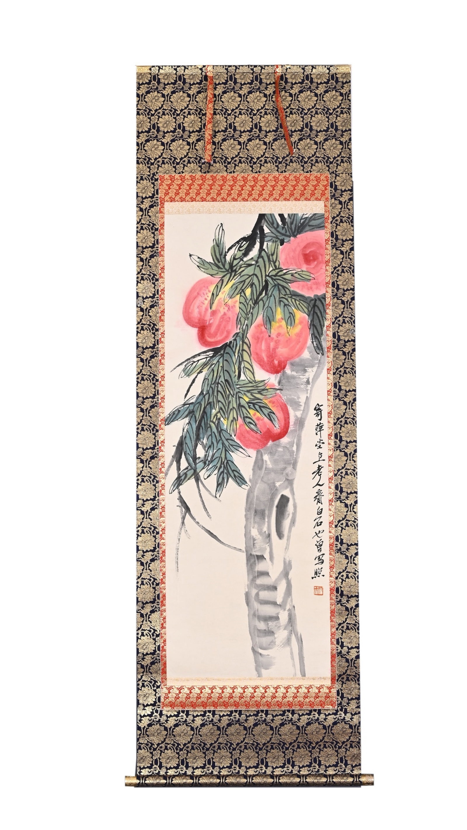 A Chinese Vertical Scroll Ink Painting of Peach on Paper: A Chinese Vertical Scroll Ink Painting of Peach on Paper,Qi Baishi,Size:48.4inx16.9in 一幅中国水墨桃子画立轴,齐白石