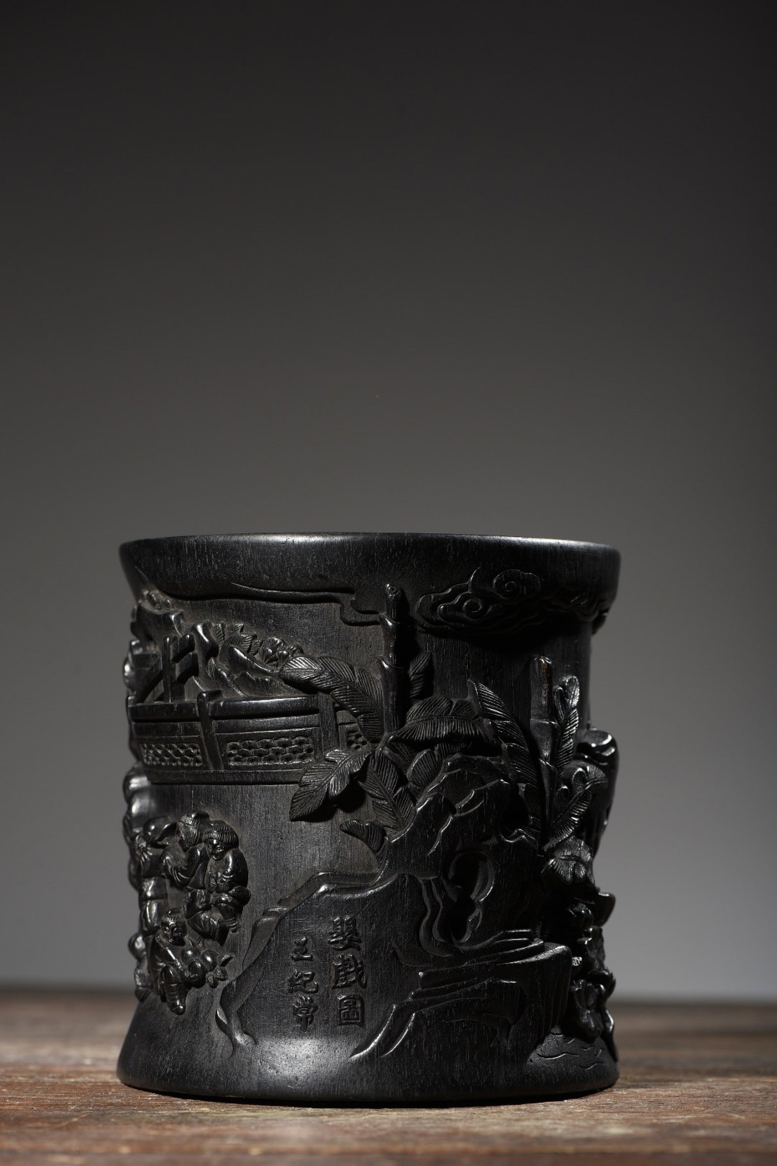 An Exquisite Wood Carving Character and Story Pattern Brush Pot
