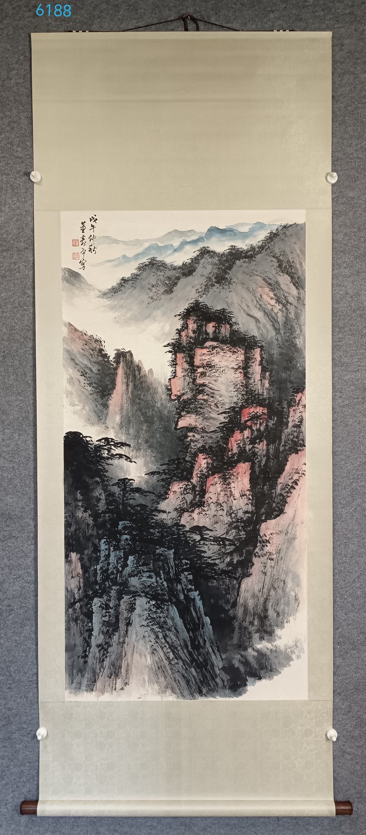 A Chinese Vertical Scroll Ink Painting of Landscape on Paper