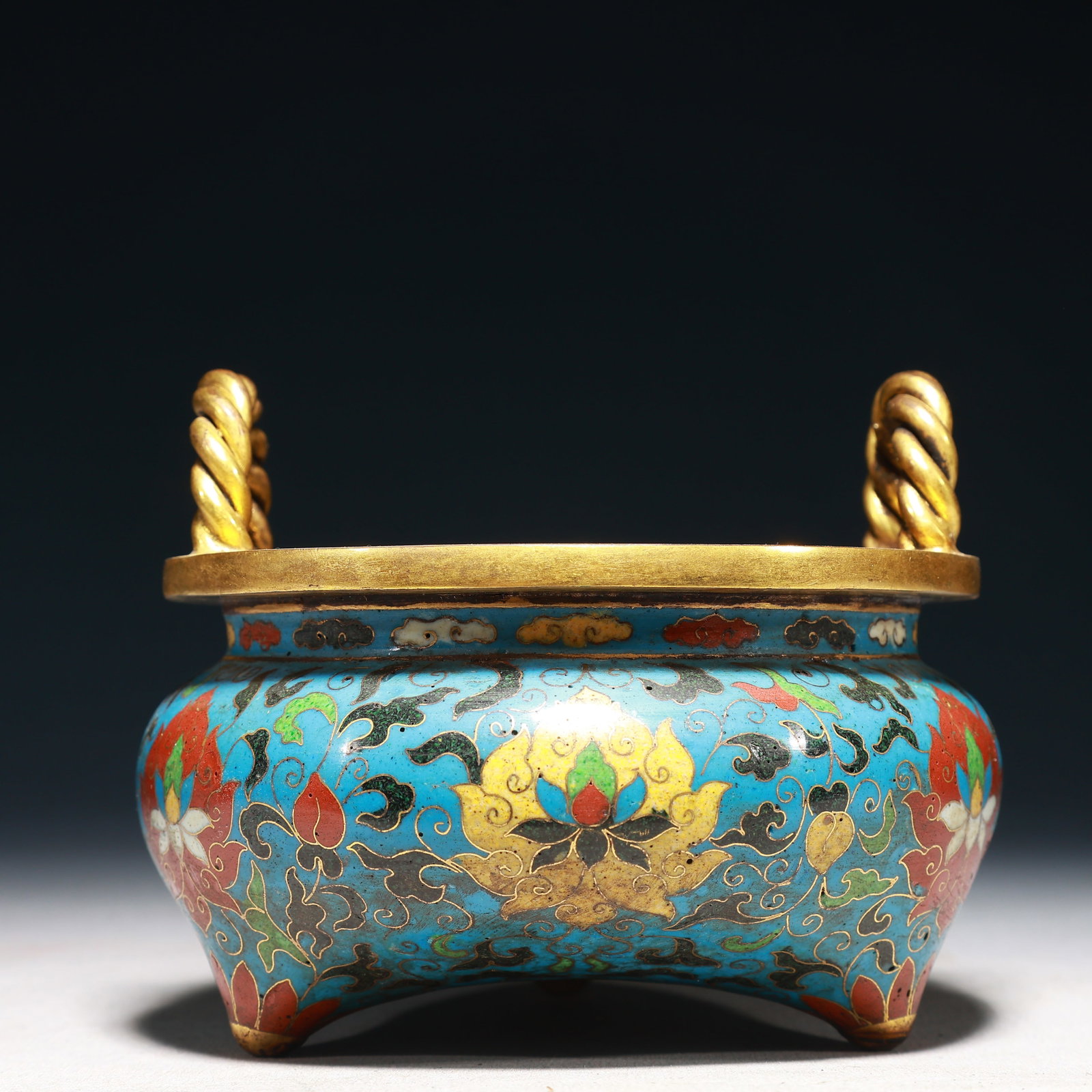 An Exquisite Cloisonne Lotus Pattern Double-Ears and Tripod Censer