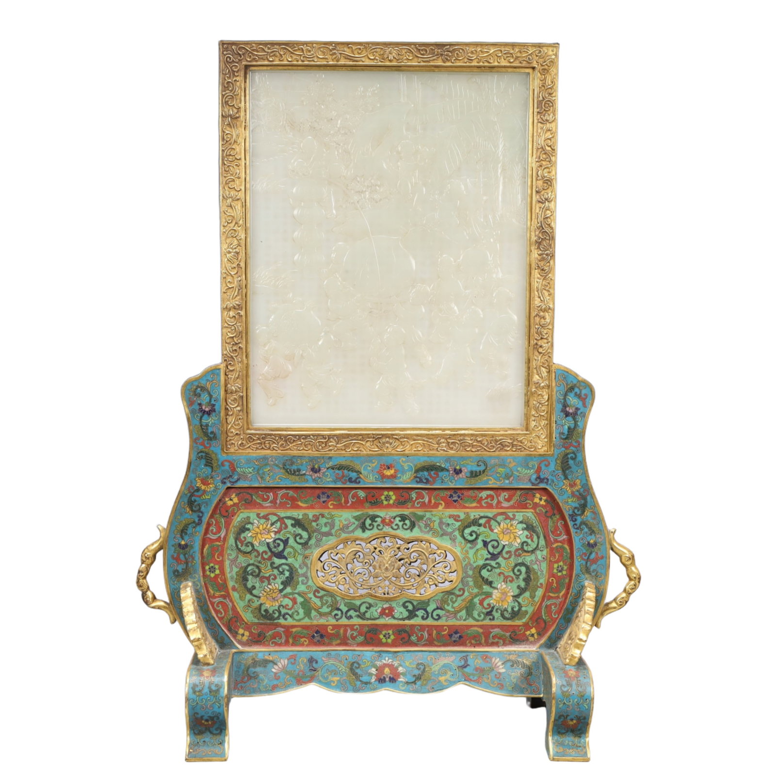 A Rare Cloisonne Inlaid White Jade Figure Pattern Table Screen,with an Imperial Poem by Emperor: A Rare Cloisonne Inlaid White Jade Figure Pattern Table Screen,with an Imperial Poem by Emperor Qianlong,Qing Dynasty, China,Qianlong Four-character Mark ,Size:17.3inx7.1inx23.2in,Weight:6100g 景
