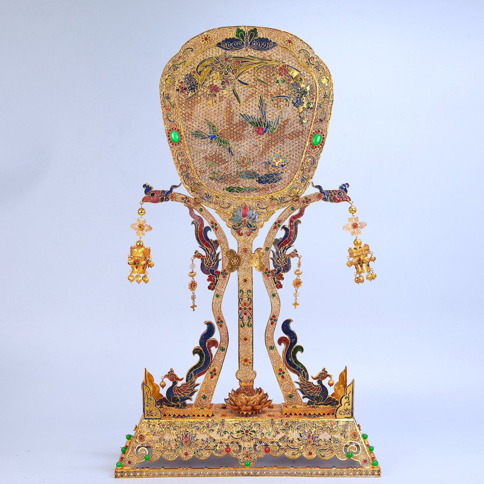 A Huge Filigree and Gilding Inlaid Gems Flower and Bird Pattern Fan Ornament: A Huge Filigree and Gilding Inlaid Gems Flower and Bird Pattern Fan Ornament,Qing Dynasty,China,Qianlong Four-character Mark,Size:25.2inx15in,Weight:2285g 花丝鎏金镶ê