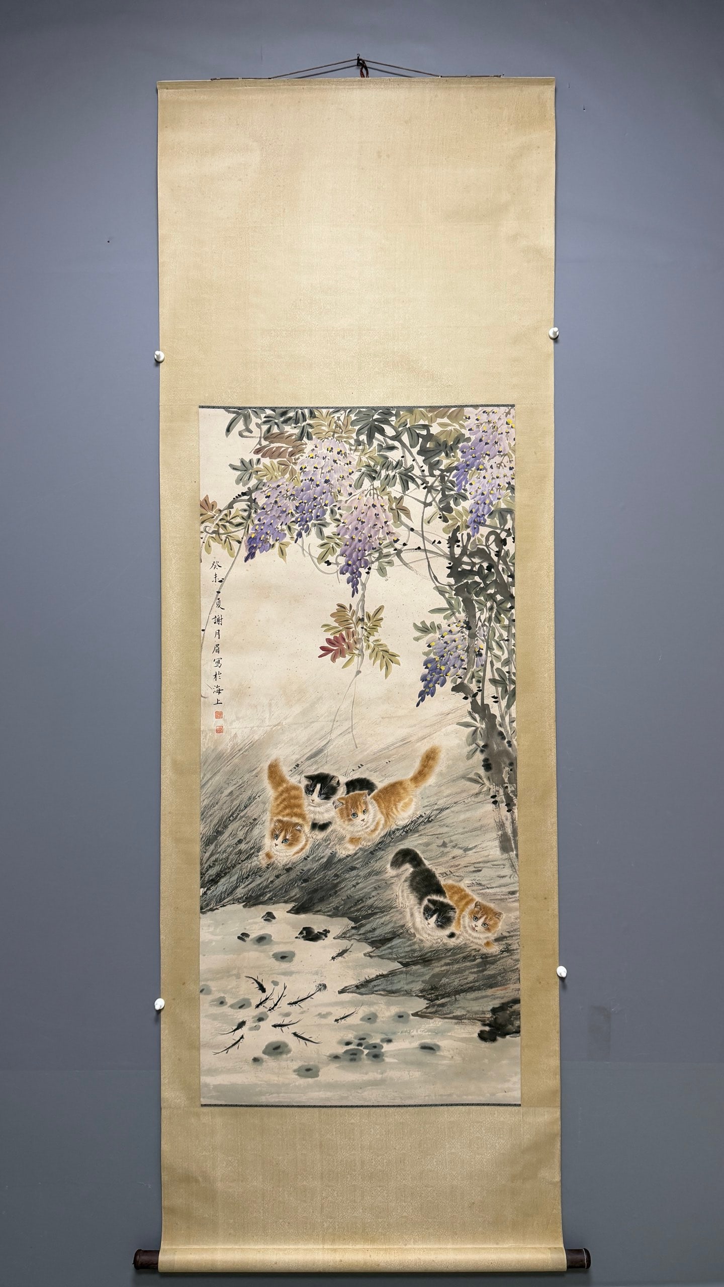 A Chinese Vertical Scroll Ink Painting of Cat on Paper
