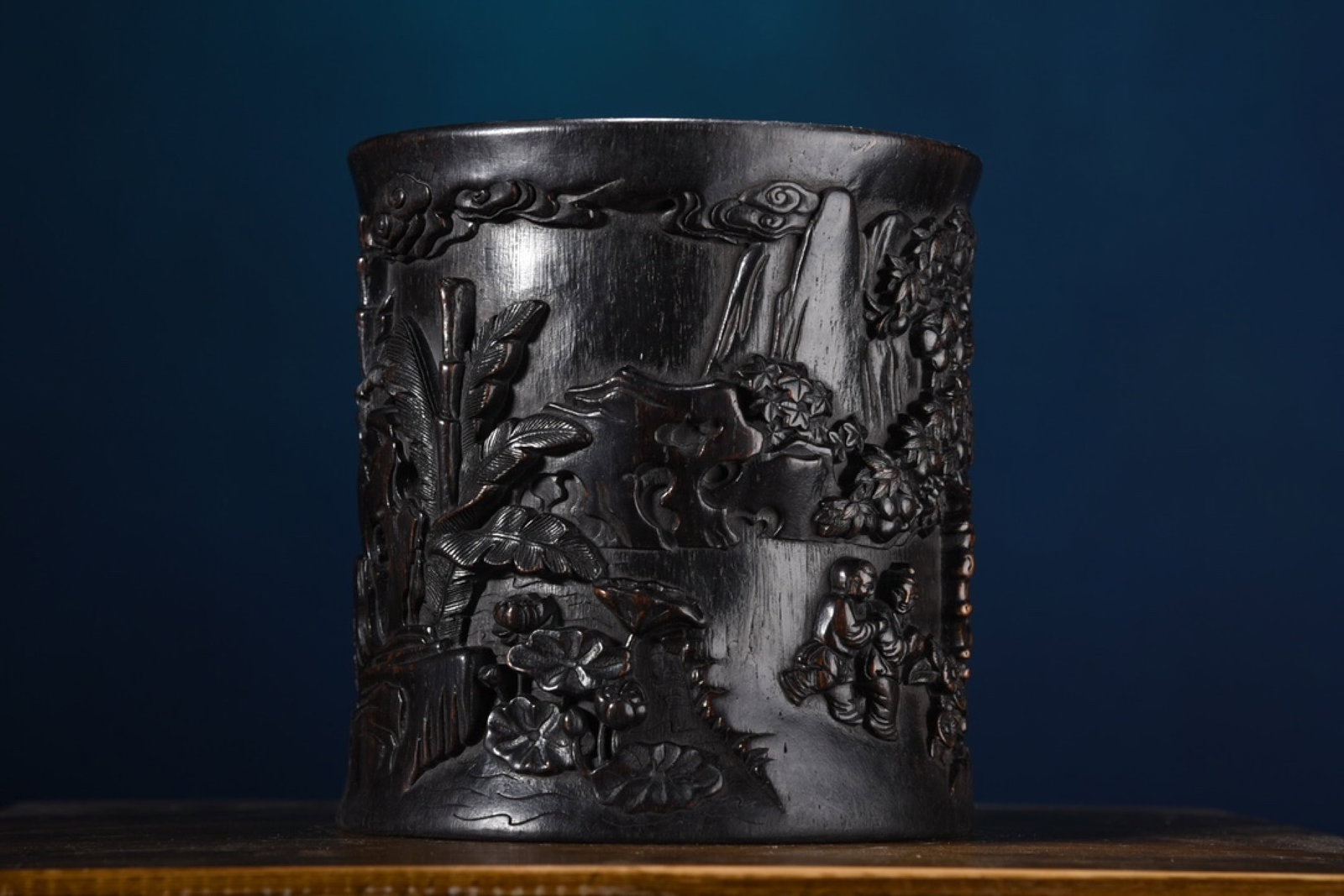 An Exquisite Wood Carving Character and Story Pattern Brush Pot