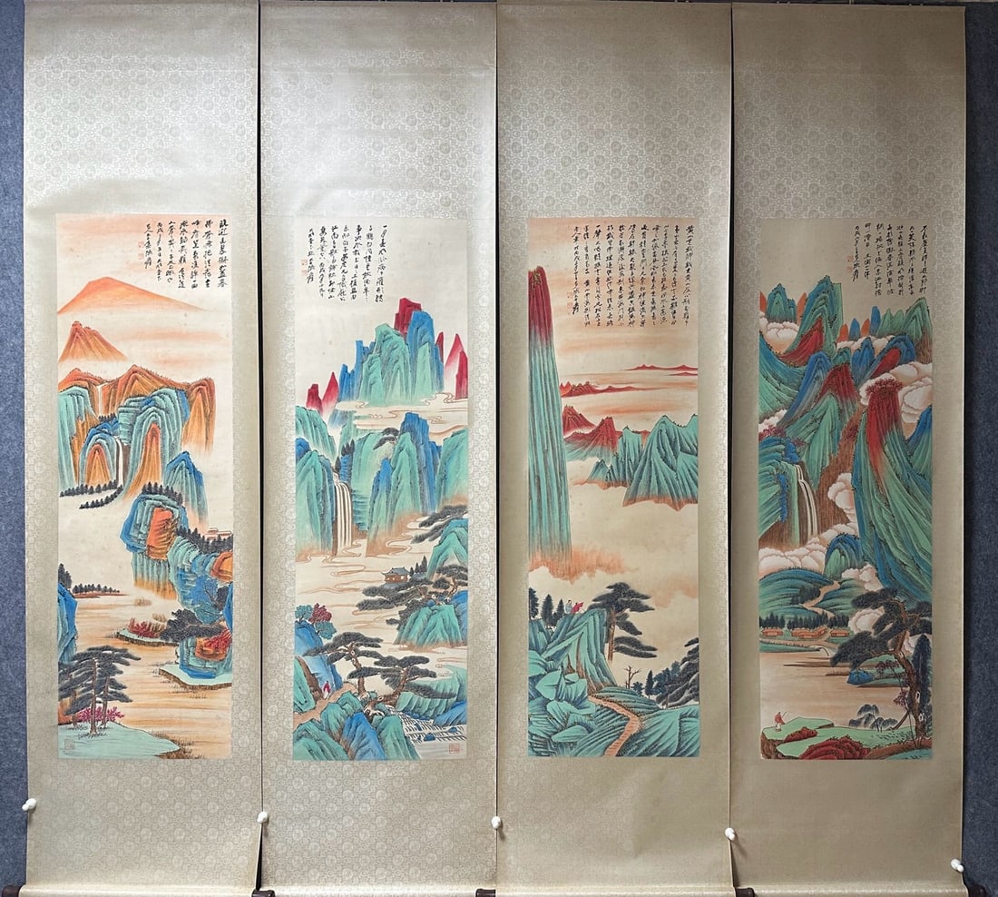 A Set of Exquisite Chinese Vertical Scroll Ink Painting of Landscape on Paper: A Set of Exquisite Chinese Vertical Scroll Ink Painting of Landscape on Paper,Zhang Daqian,Size:54.7inx17.7in*4