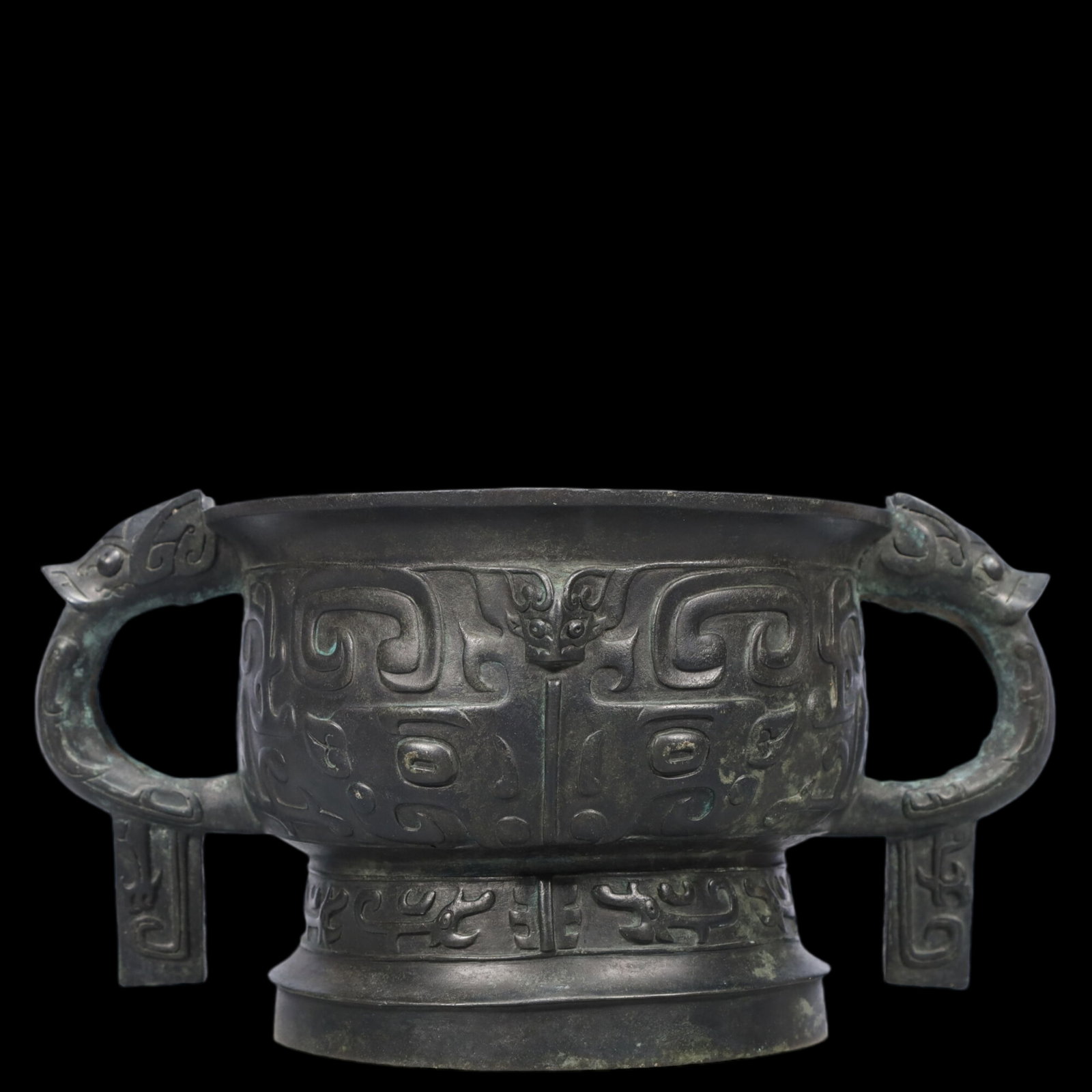 A Precious Bronze Beast-Face Pattern Double-Ears Censer,With Inscription: A Precious Bronze Beast-Face Pattern Double-Ears Censer,With Inscription,Ancient Time, China,Size:10.2inx7.1inx5.3in ;Weight:2500g