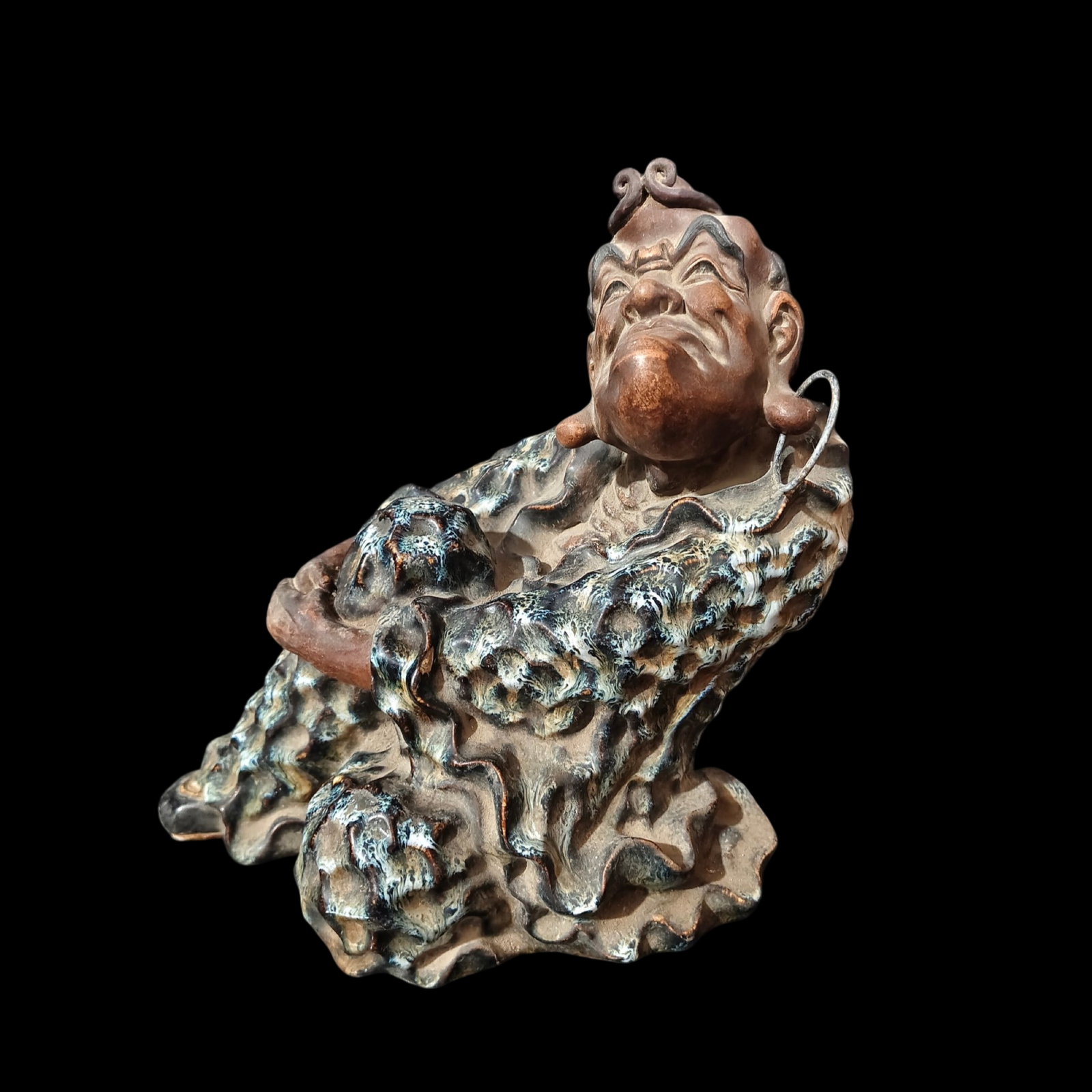 A Solemn Shiwan yao Statue of Arhat: A Solemn Shiwan yao Statue of Arhat,Qing Dynasty,China,With Mark,Size:11.8inx9.1inx10.6in 石湾窑罗汉像,中国清代,带款