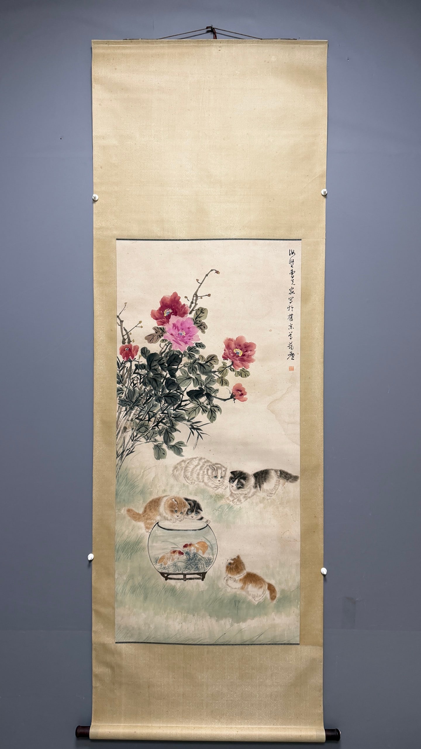 A Chinese Vertical Scroll Ink Painting of Cat on Paper