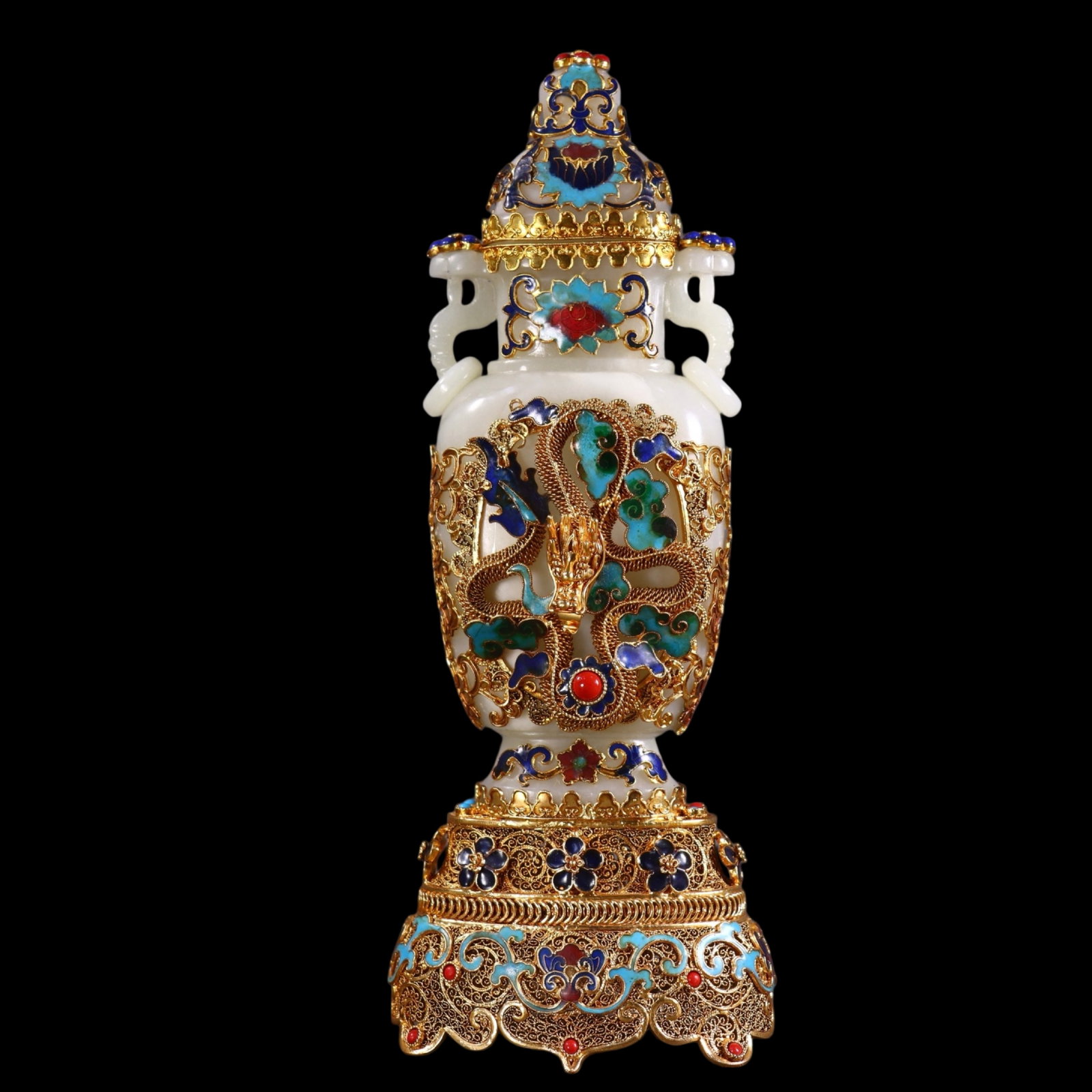 An Exquisite Filigree and Gilding Inlaid White Jade Dragon Pattern Double-Ears Bottle