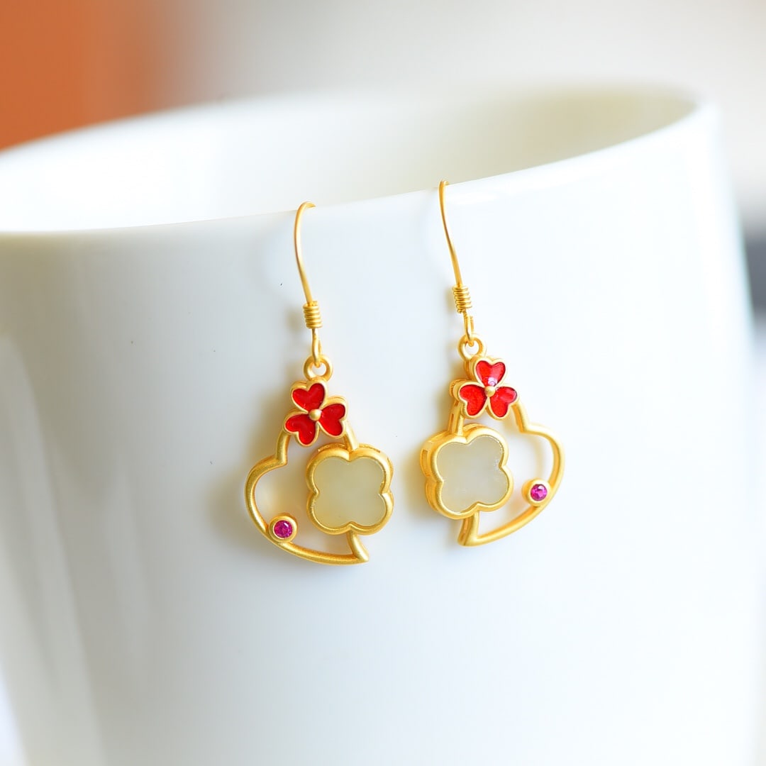 A Pair of Exquisite Sterling Silver-Gold Plated Inlaid White Jade Earrings