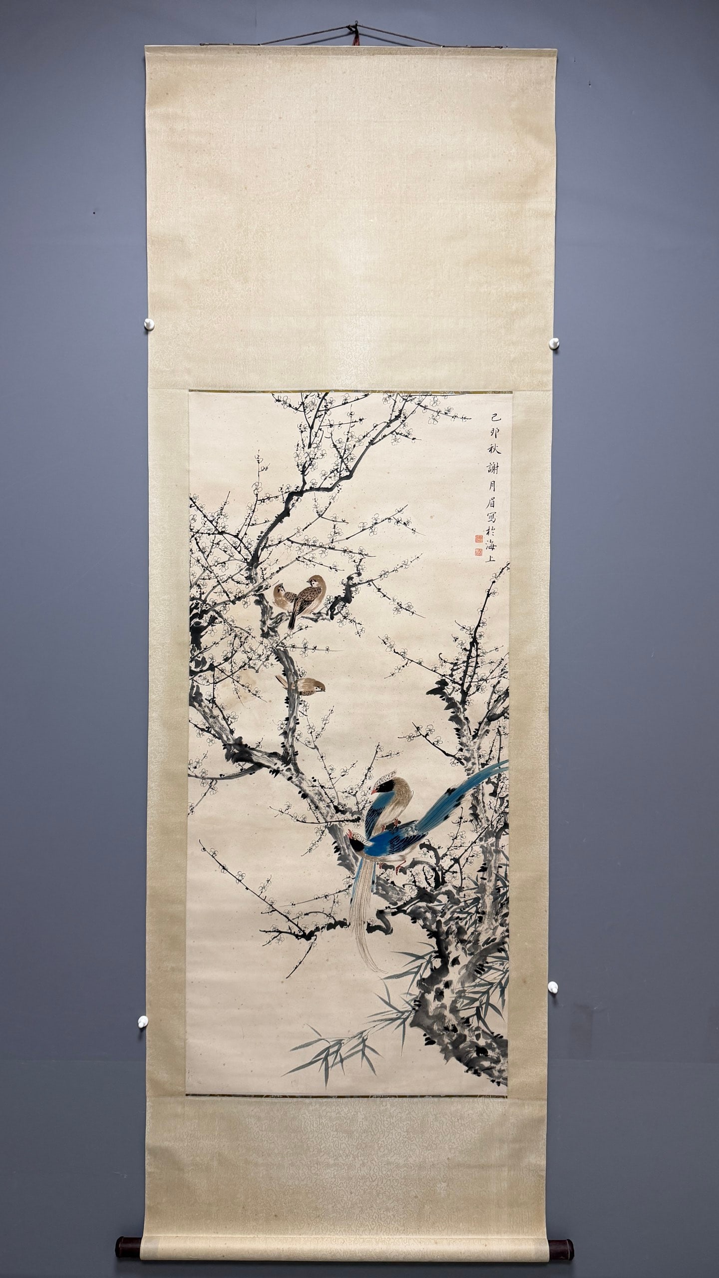 A Chinese Vertical Scroll Ink Painting of Flower and Bird on Paper: A Chinese Vertical Scroll Ink Painting of Flower and Bird on Paper,Xie