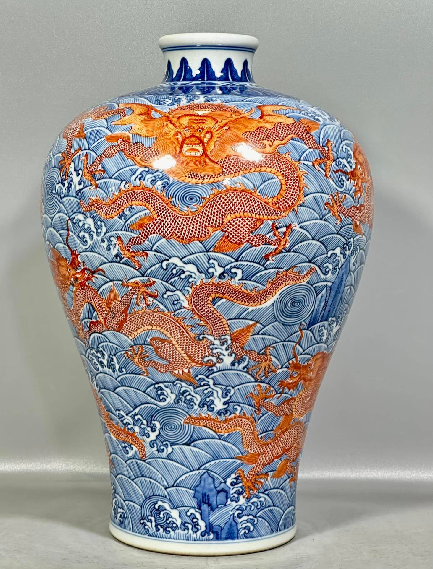 A Rare Blue and White Iron-Red Seawater and Dragon Pattern Vase