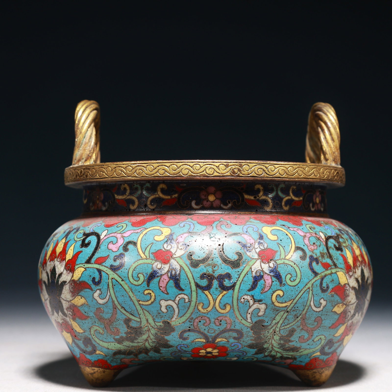 An Exquisite Cloisonne Lotus Pattern Double-Ears and Tripod Censer